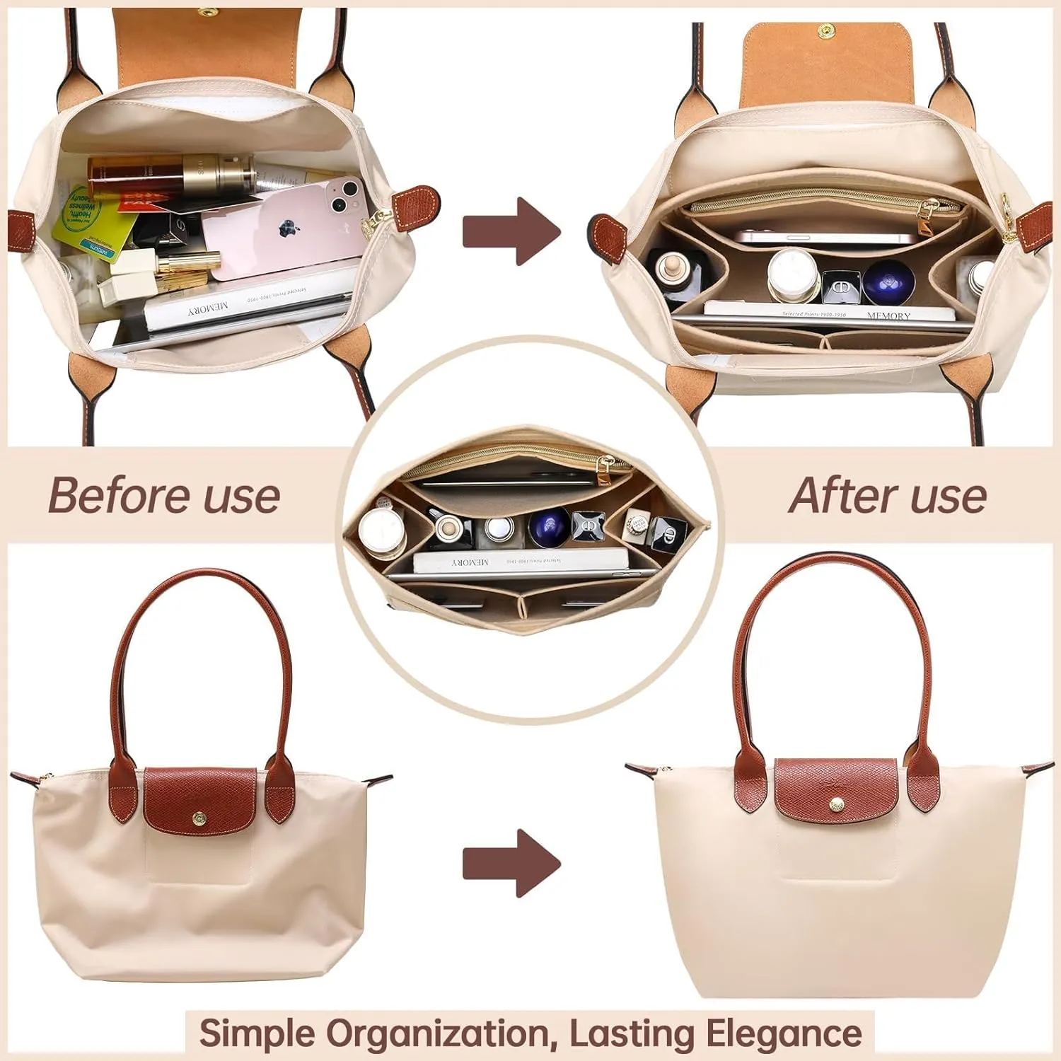 OPPOSHE Purse Organizer Insert for Longchamp Le Pliage, Premium Felt Long Champ Bag Handbag Women, Tote Organizer Insert with 9 Compartments (Medium, Beige)