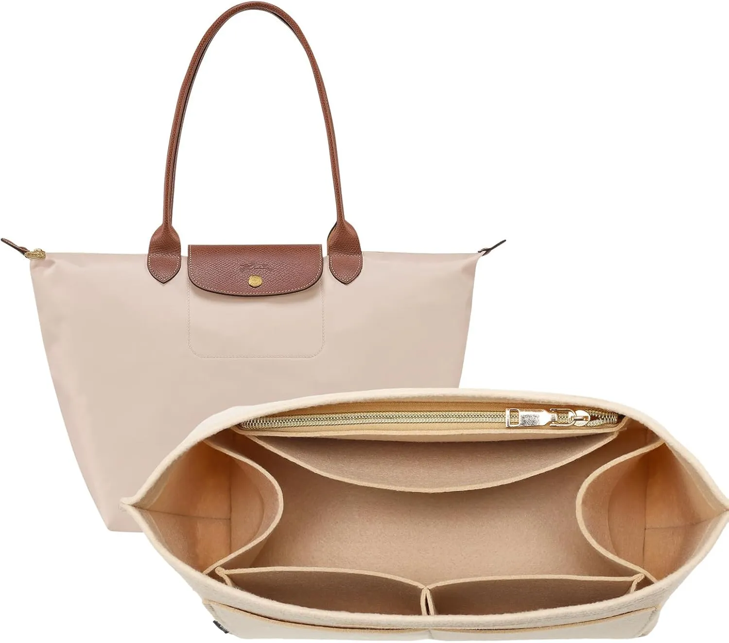OPPOSHE Purse Organizer Insert for Longchamp Le Pliage, Premium Felt Long Champ Bag Handbag Women, Tote Organizer Insert with 9 Compartments (Medium, Beige)