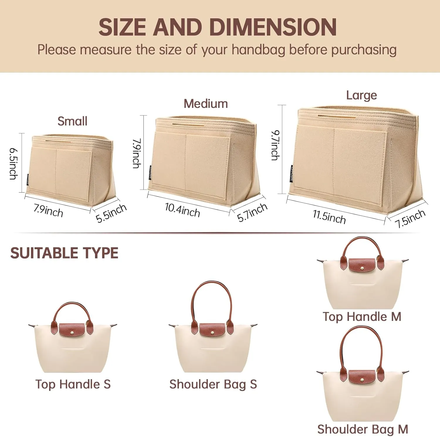 OPPOSHE Purse Organizer Insert for Longchamp Le Pliage, Premium Felt Long Champ Bag Handbag Women, Tote Organizer Insert with 9 Compartments (Medium, Beige)