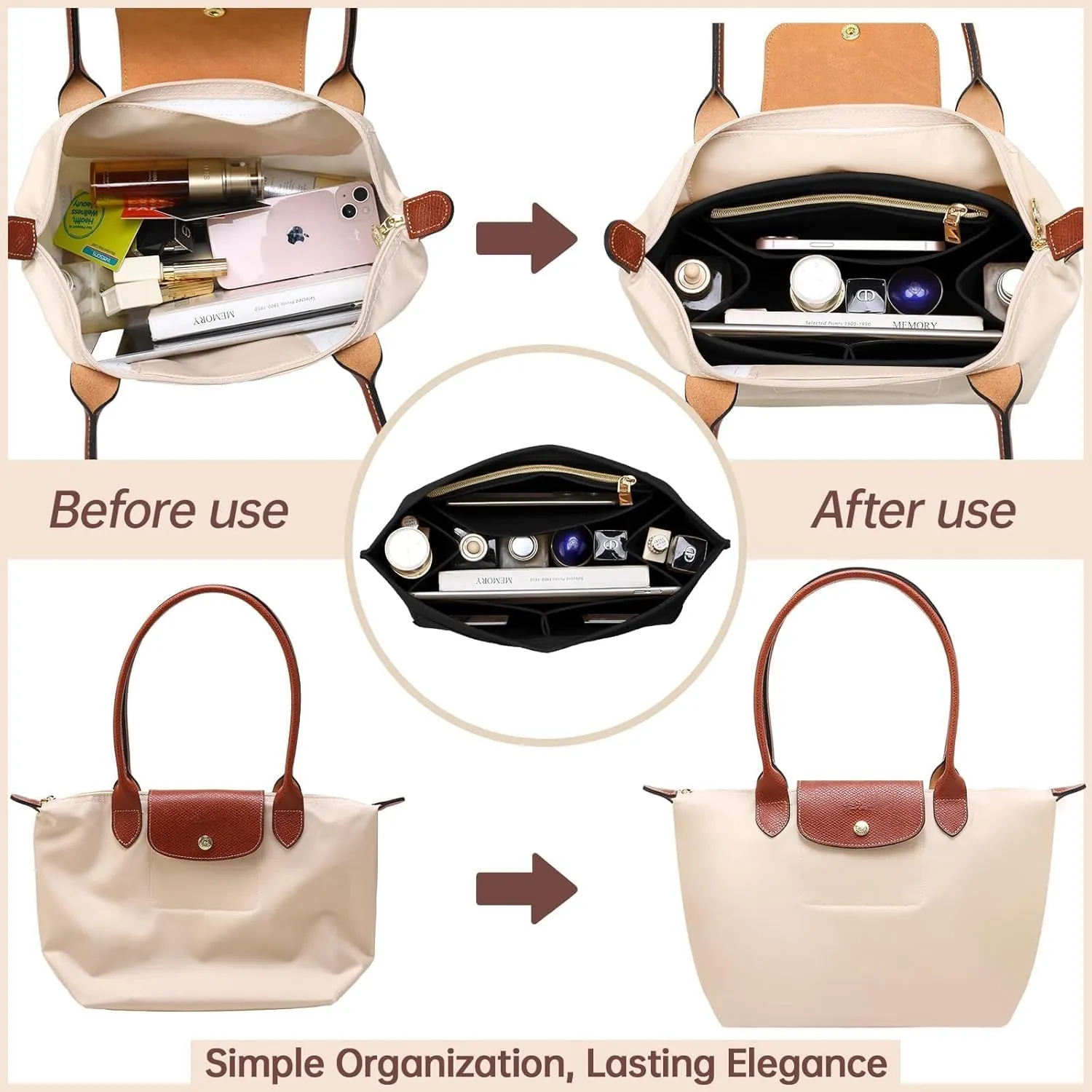 OPPOSHE Purse Organizer Insert for Longchamp Le Pliage, Premium Felt Long Champ Bag Handbag Women, Tote Organizer Insert with 9 Compartments (Medium, Black)