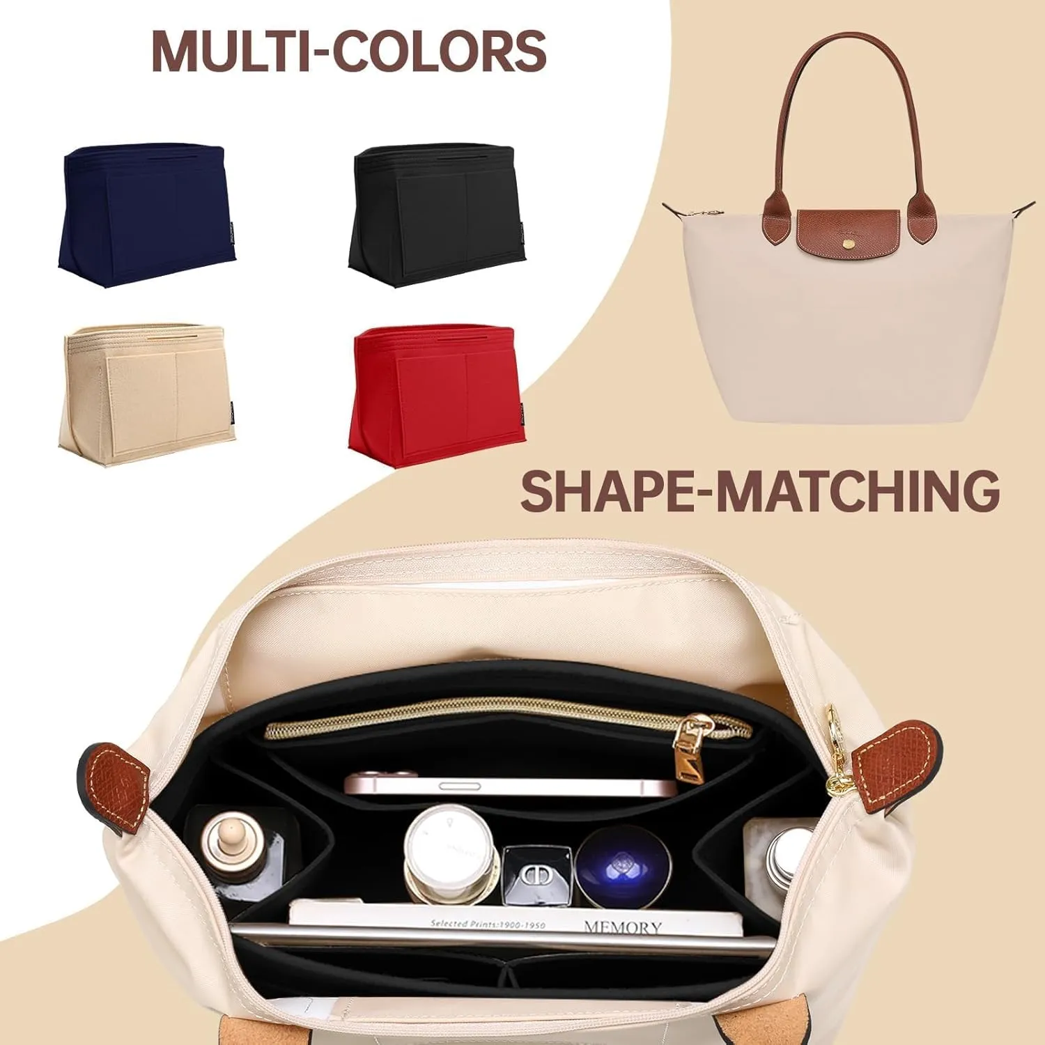 OPPOSHE Purse Organizer Insert for Longchamp Le Pliage, Premium Felt Long Champ Bag Handbag Women, Tote Organizer Insert with 9 Compartments (Medium, Black)