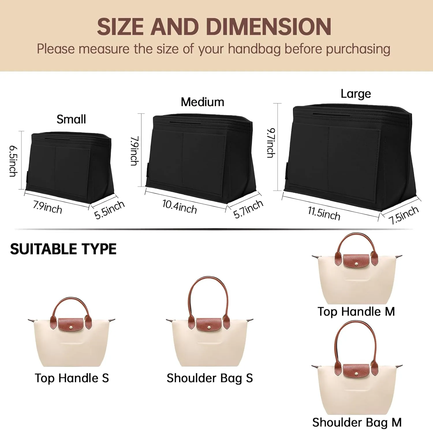 OPPOSHE Purse Organizer Insert for Longchamp Le Pliage, Premium Felt Long Champ Bag Handbag Women, Tote Organizer Insert with 9 Compartments (Medium, Black)