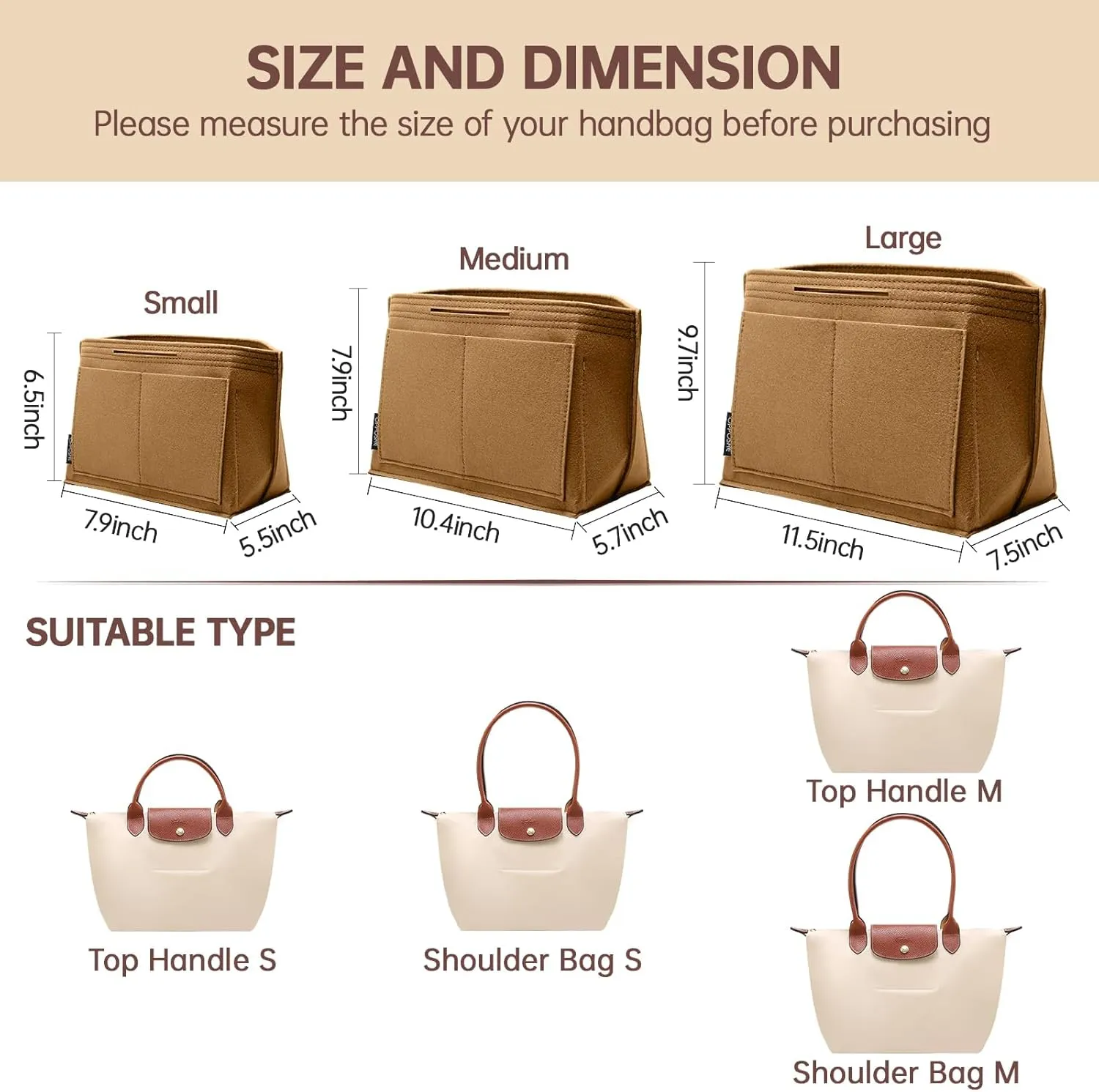 OPPOSHE Purse Organizer Insert for Longchamp Le Pliage, Premium Felt Long Champ Bag Handbag Women, Tote Organizer Insert with 9 Compartments (Medium, Brown)