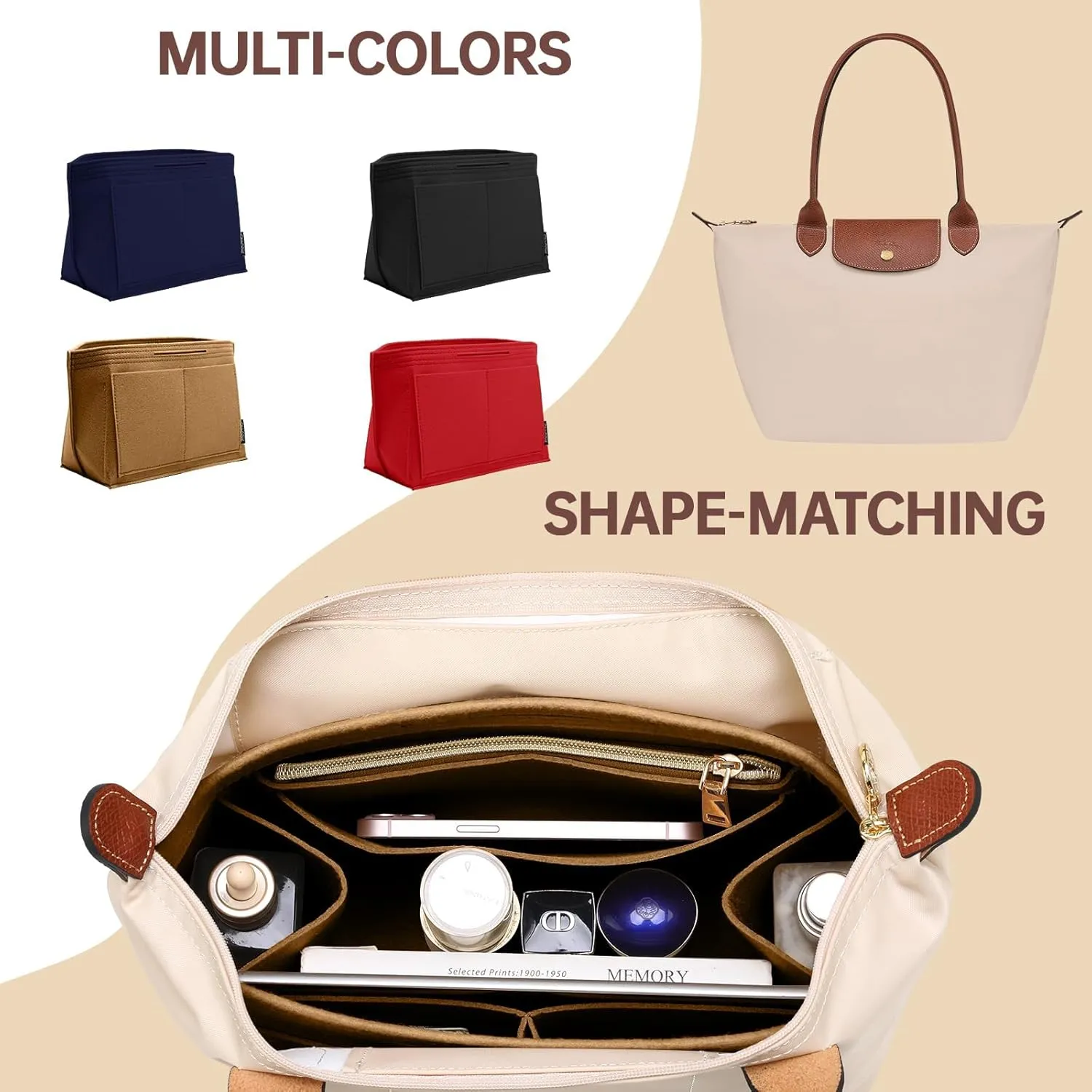 OPPOSHE Purse Organizer Insert for Longchamp Le Pliage, Premium Felt Long Champ Bag Handbag Women, Tote Organizer Insert with 9 Compartments (Medium, Brown)