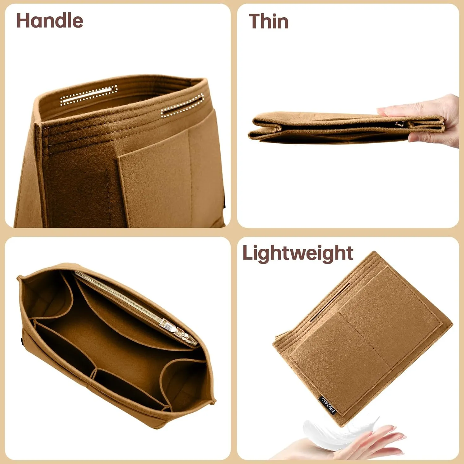 OPPOSHE Purse Organizer Insert for Longchamp Le Pliage, Premium Felt Long Champ Bag Handbag Women, Tote Organizer Insert with 9 Compartments (Medium, Brown)