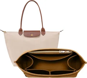 OPPOSHE Purse Organizer Insert for Longchamp Le Pliage, Premium Felt Long Champ Bag Handbag Women, Tote Organizer Insert with 9 Compartments (Medium, Brown)