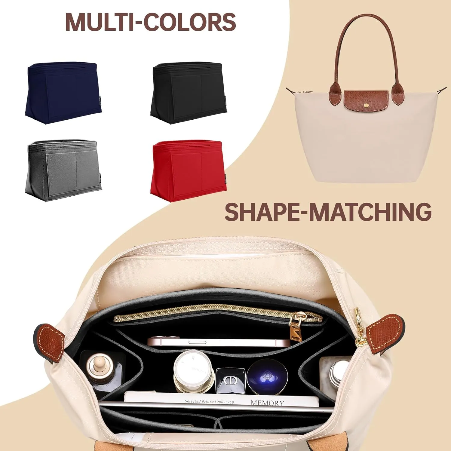 OPPOSHE Purse Organizer Insert for Longchamp Le Pliage, Premium Felt Long Champ Bag Handbag Women, Tote Organizer Insert with 9 Compartments (Medium, Grey)