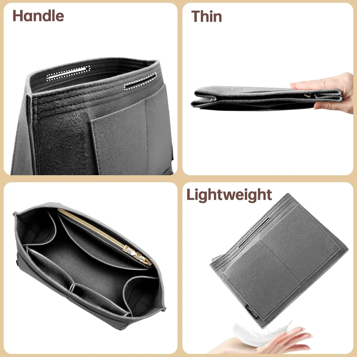 OPPOSHE Purse Organizer Insert for Longchamp Le Pliage, Premium Felt Long Champ Bag Handbag Women, Tote Organizer Insert with 9 Compartments (Medium, Grey)
