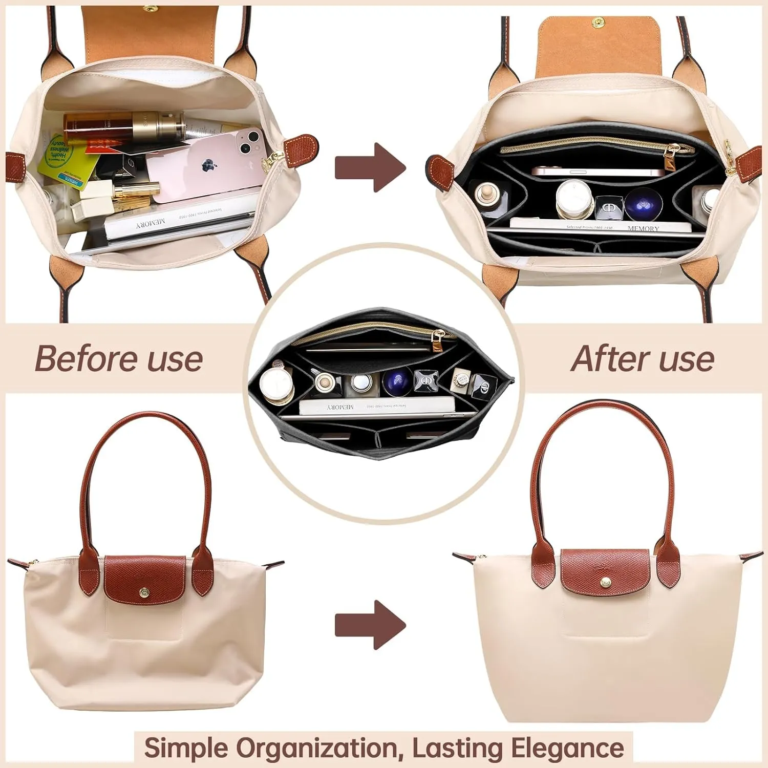 OPPOSHE Purse Organizer Insert for Longchamp Le Pliage, Premium Felt Long Champ Bag Handbag Women, Tote Organizer Insert with 9 Compartments (Medium, Grey)