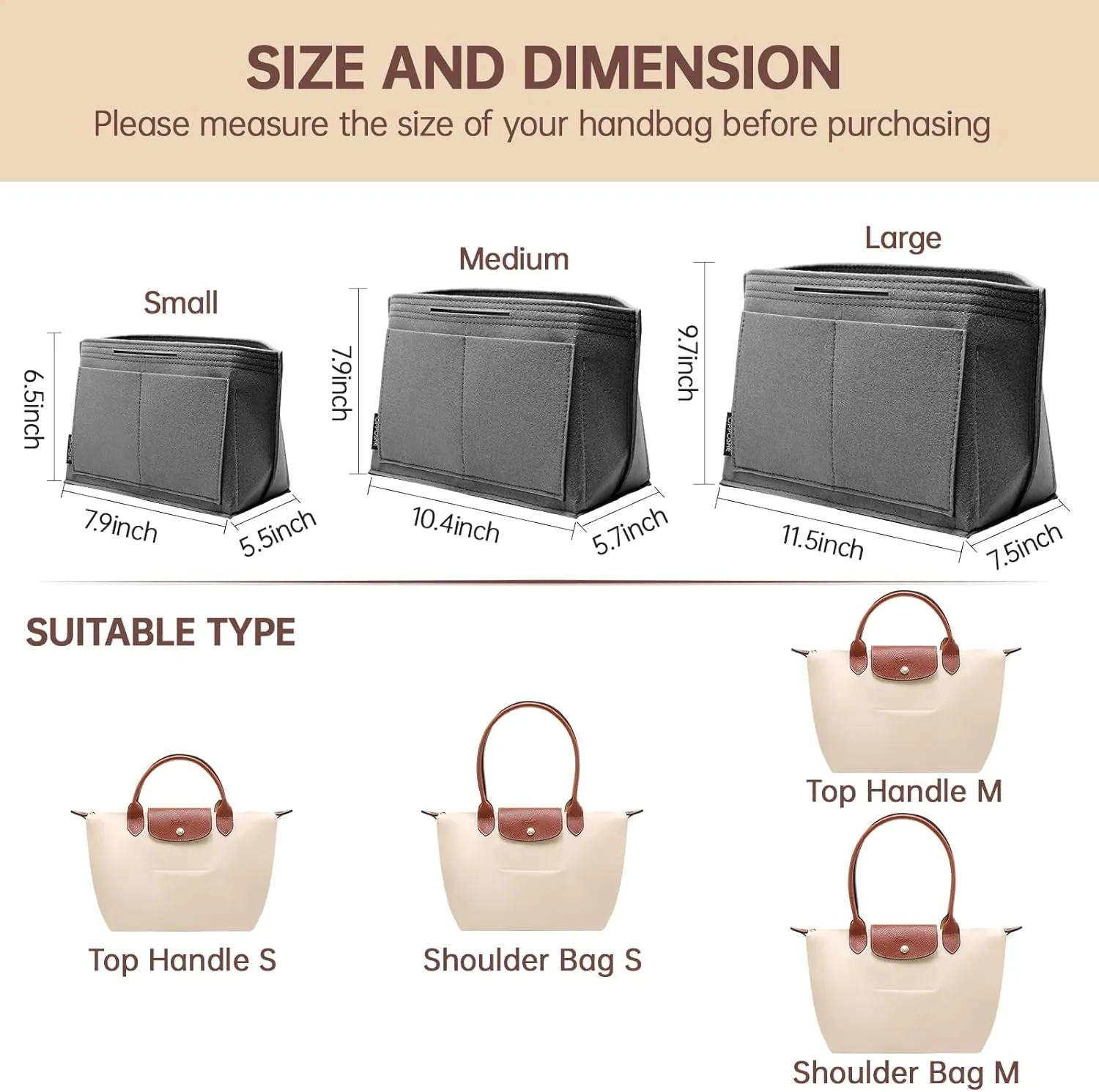 OPPOSHE Purse Organizer Insert for Longchamp Le Pliage, Premium Felt Long Champ Bag Handbag Women, Tote Organizer Insert with 9 Compartments (Medium, Grey)