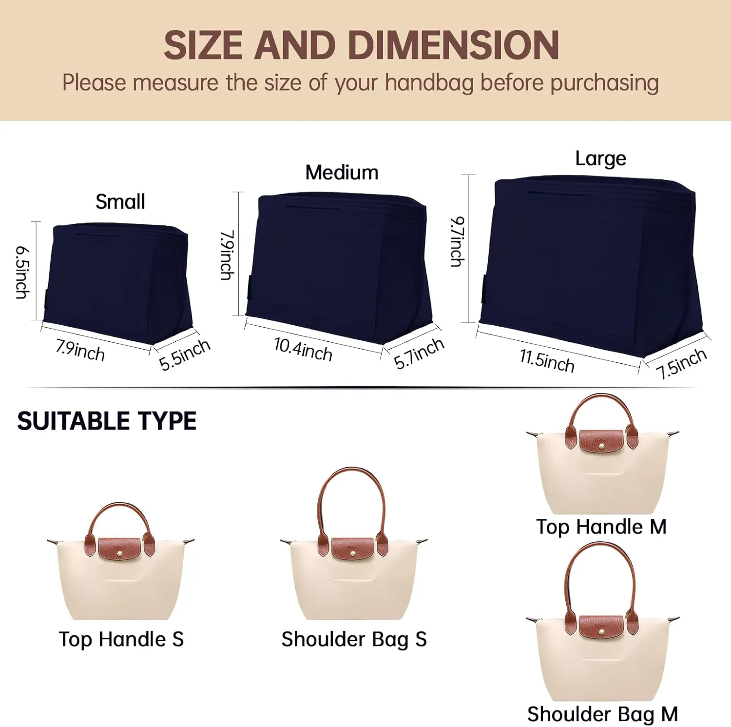 OPPOSHE Purse Organizer Insert for Longchamp Le Pliage, Premium Felt Long Champ Bag Handbag Women, Tote Organizer Insert with 9 Compartments (Medium, Navy)