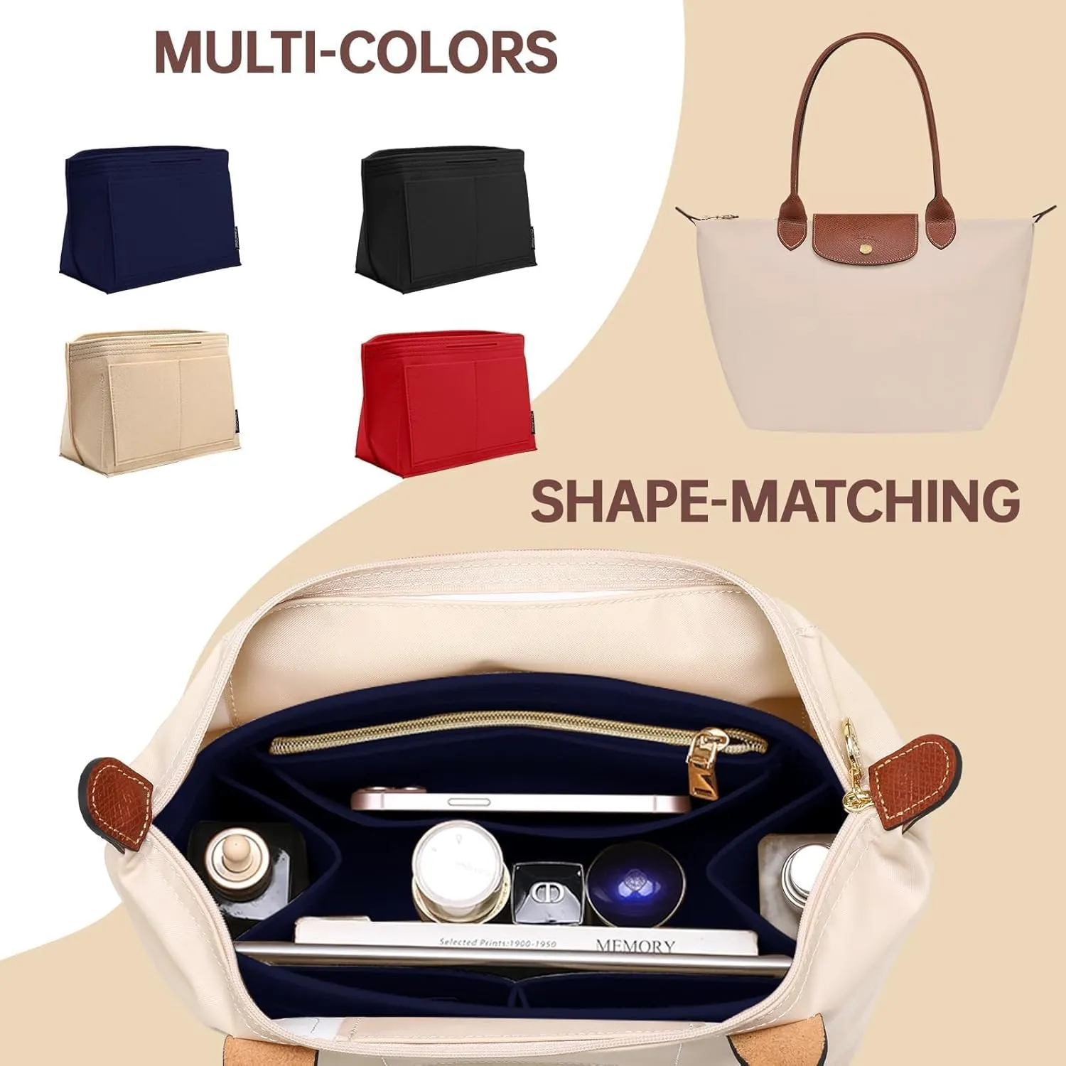 OPPOSHE Purse Organizer Insert for Longchamp Le Pliage, Premium Felt Long Champ Bag Handbag Women, Tote Organizer Insert with 9 Compartments (Medium, Navy)