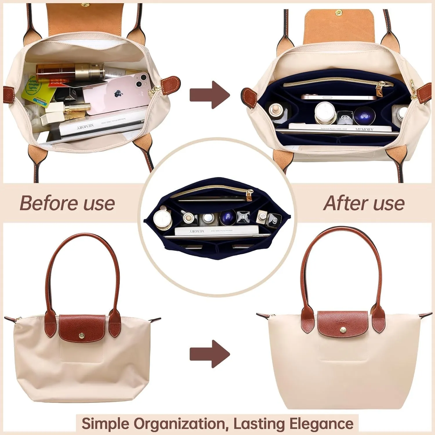 OPPOSHE Purse Organizer Insert for Longchamp Le Pliage, Premium Felt Long Champ Bag Handbag Women, Tote Organizer Insert with 9 Compartments (Medium, Navy)