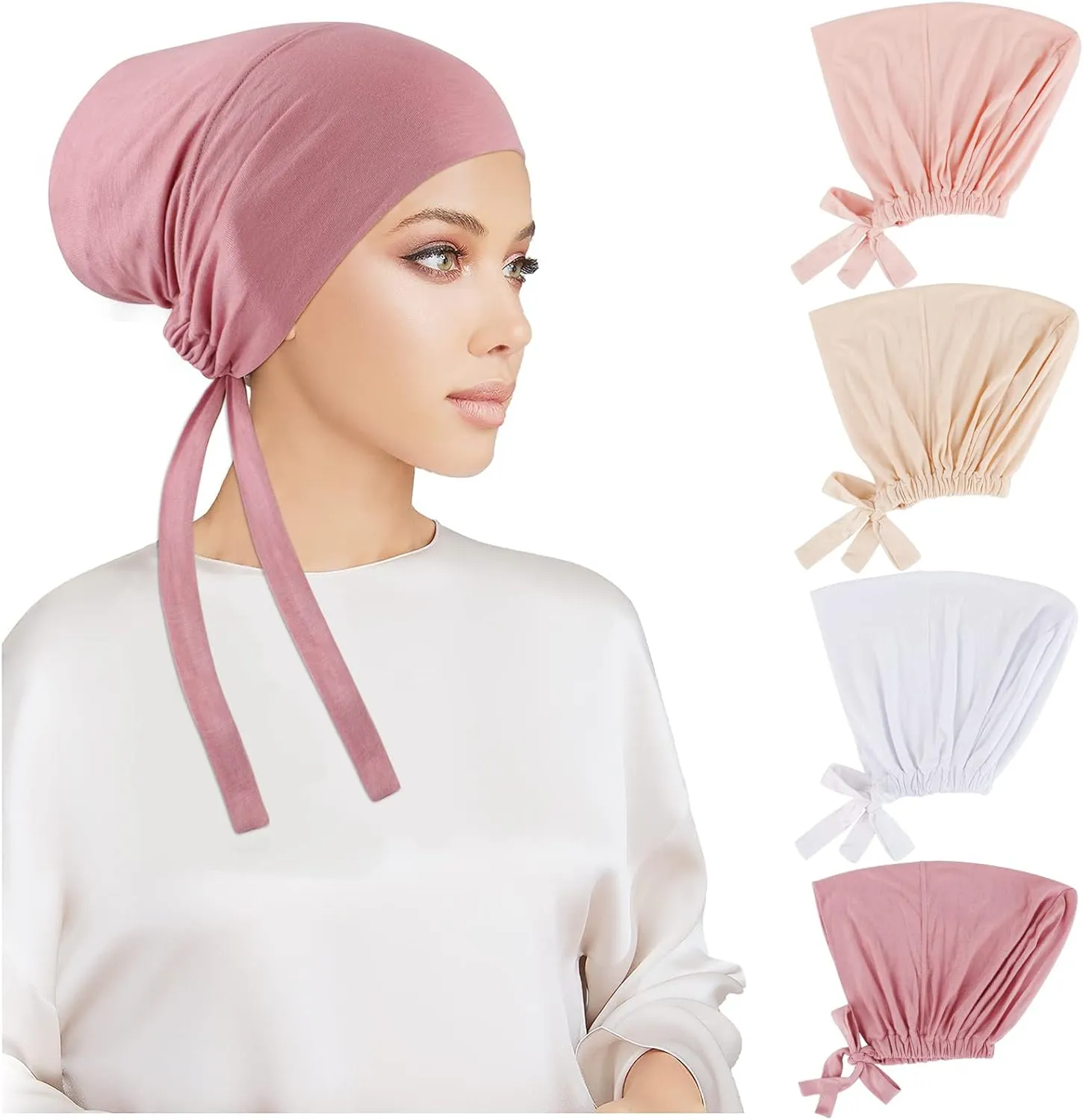 PHOGARY 4 Pcs Women Hijab Undercap, Islamic Muslim Under Hijab Cap Inner Under Scarf Hat Turban with Tie Back Closure