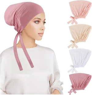 PHOGARY 4 Pcs Women Hijab Undercap, Islamic Muslim Under Hijab Cap Inner Under Scarf Hat Turban with Tie Back Closure