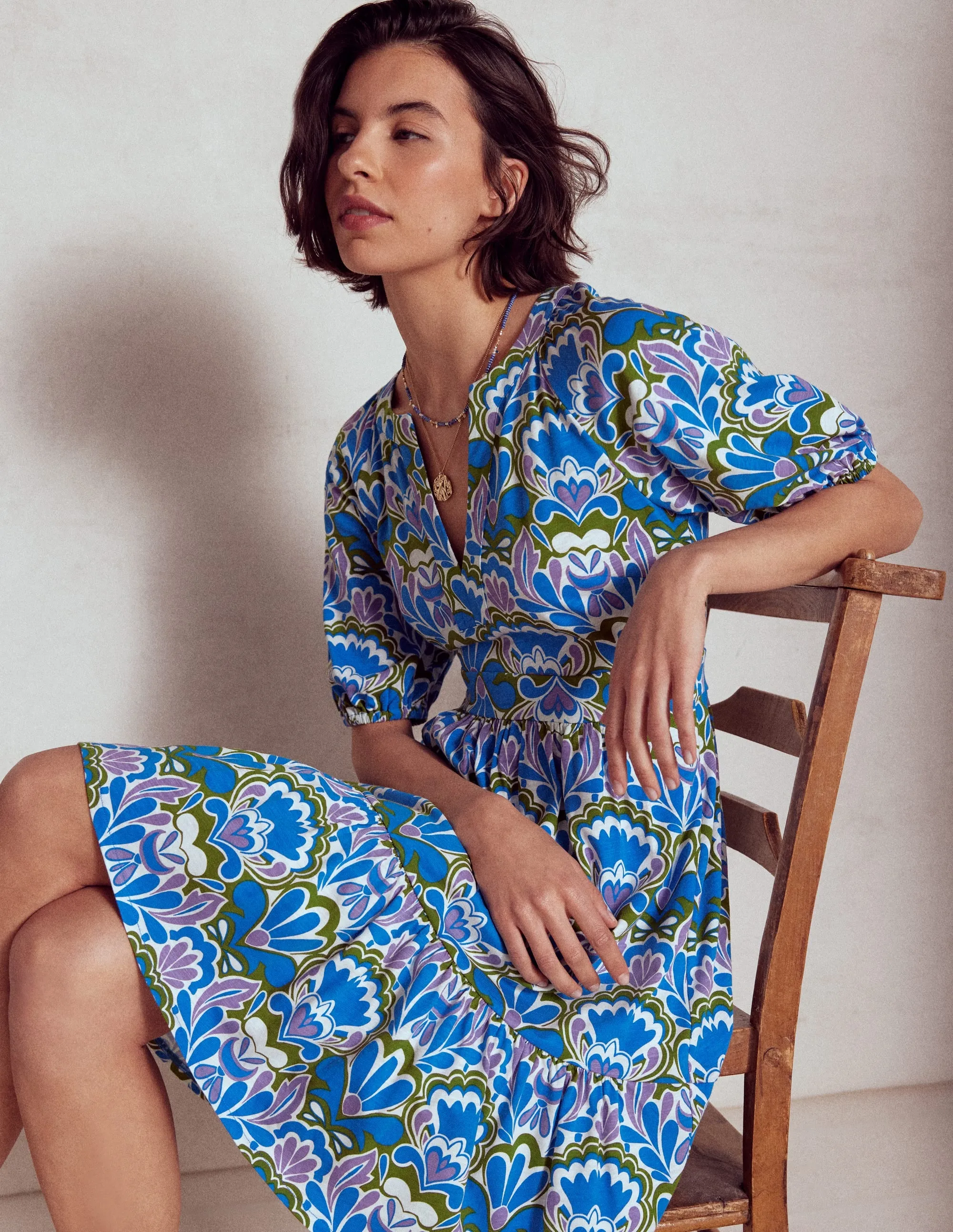 Piper Short Jersey Dress-Kingfisher Blue, Freesia Stamp