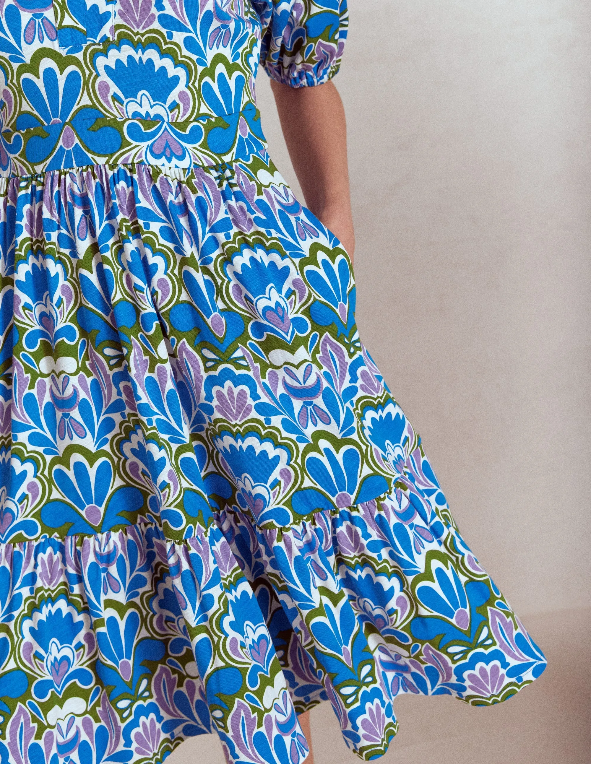 Piper Short Jersey Dress-Kingfisher Blue, Freesia Stamp