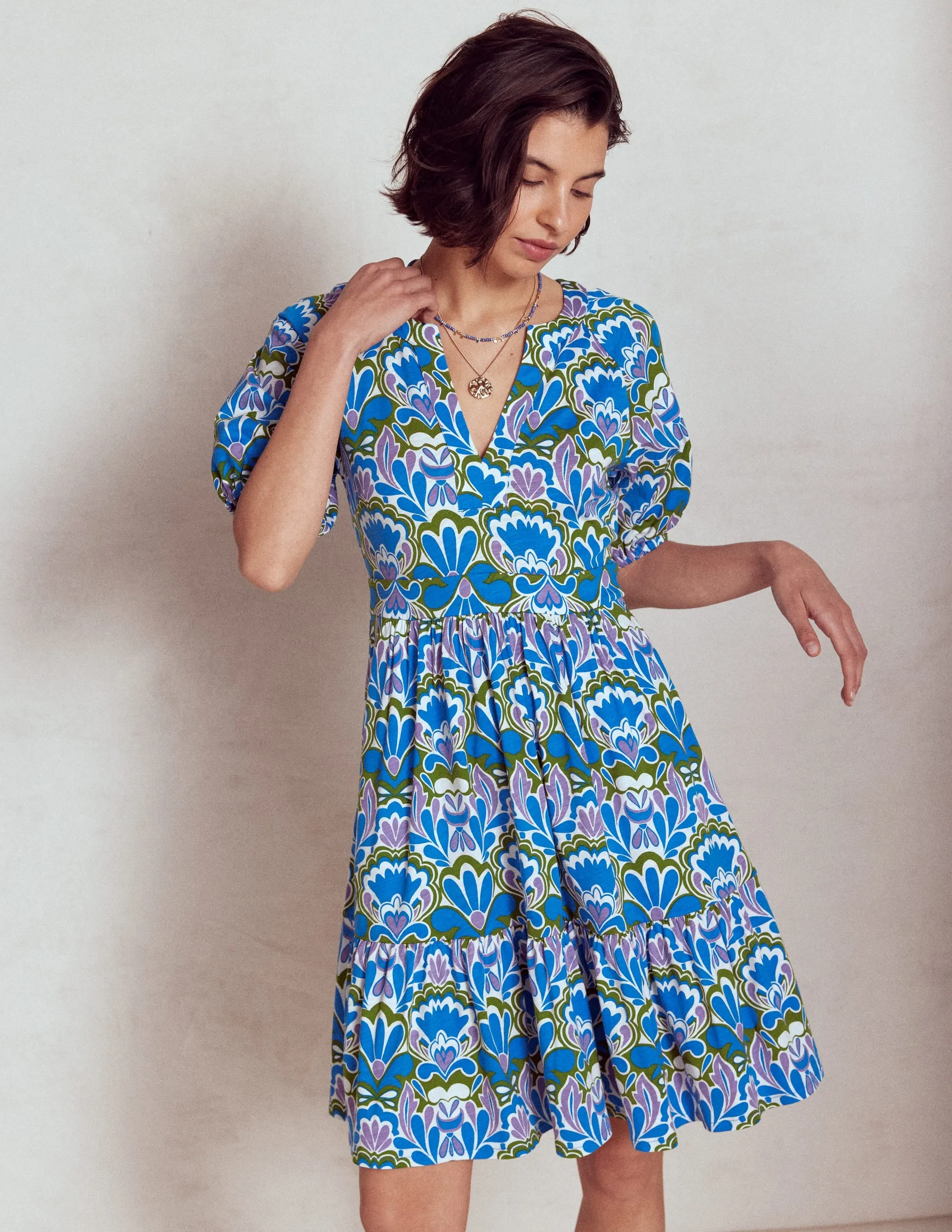 Piper Short Jersey Dress-Kingfisher Blue, Freesia Stamp