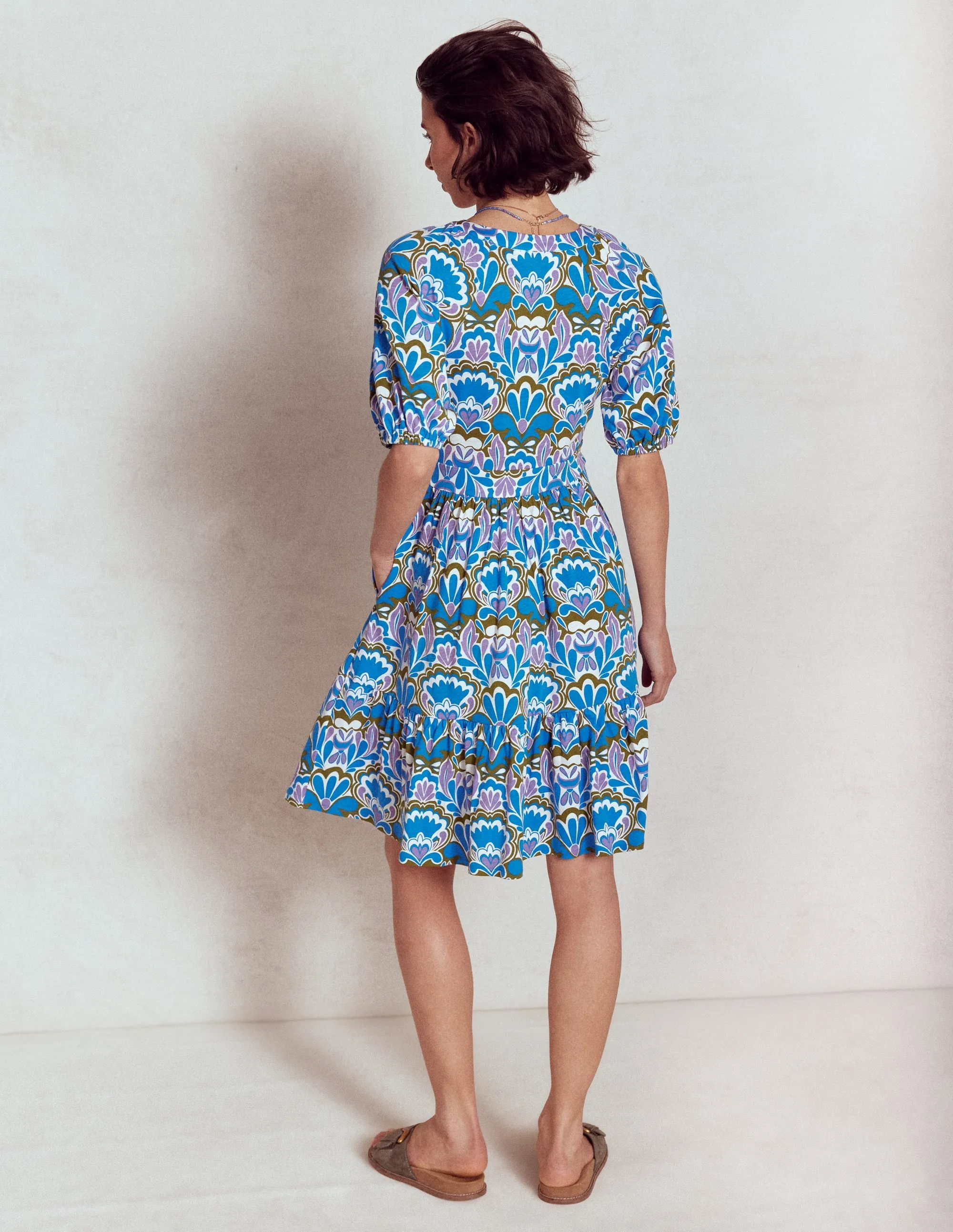 Piper Short Jersey Dress-Kingfisher Blue, Freesia Stamp