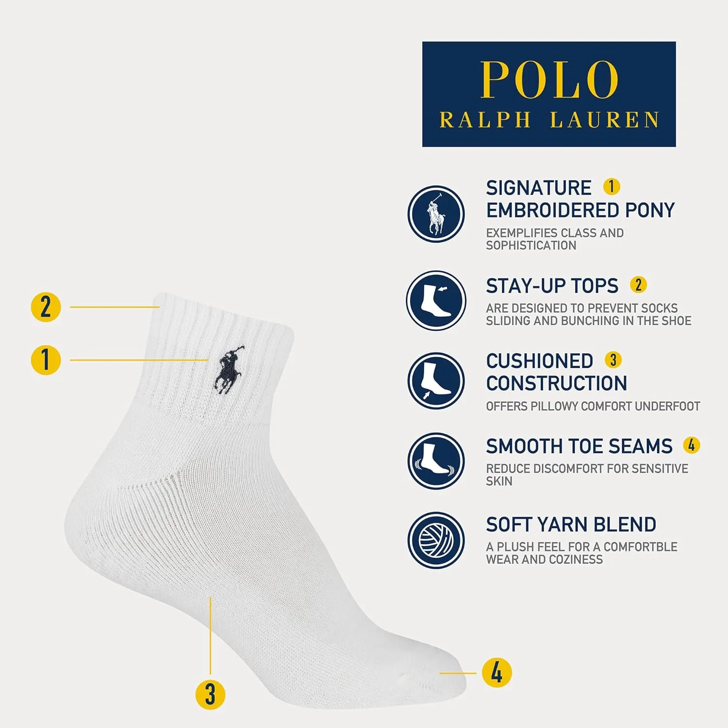 Polo Ralph Lauren Boys' Classic Sport Ankle Socks-6 Pair Pack-Soft Stretchy Yarn & Stay Up Top