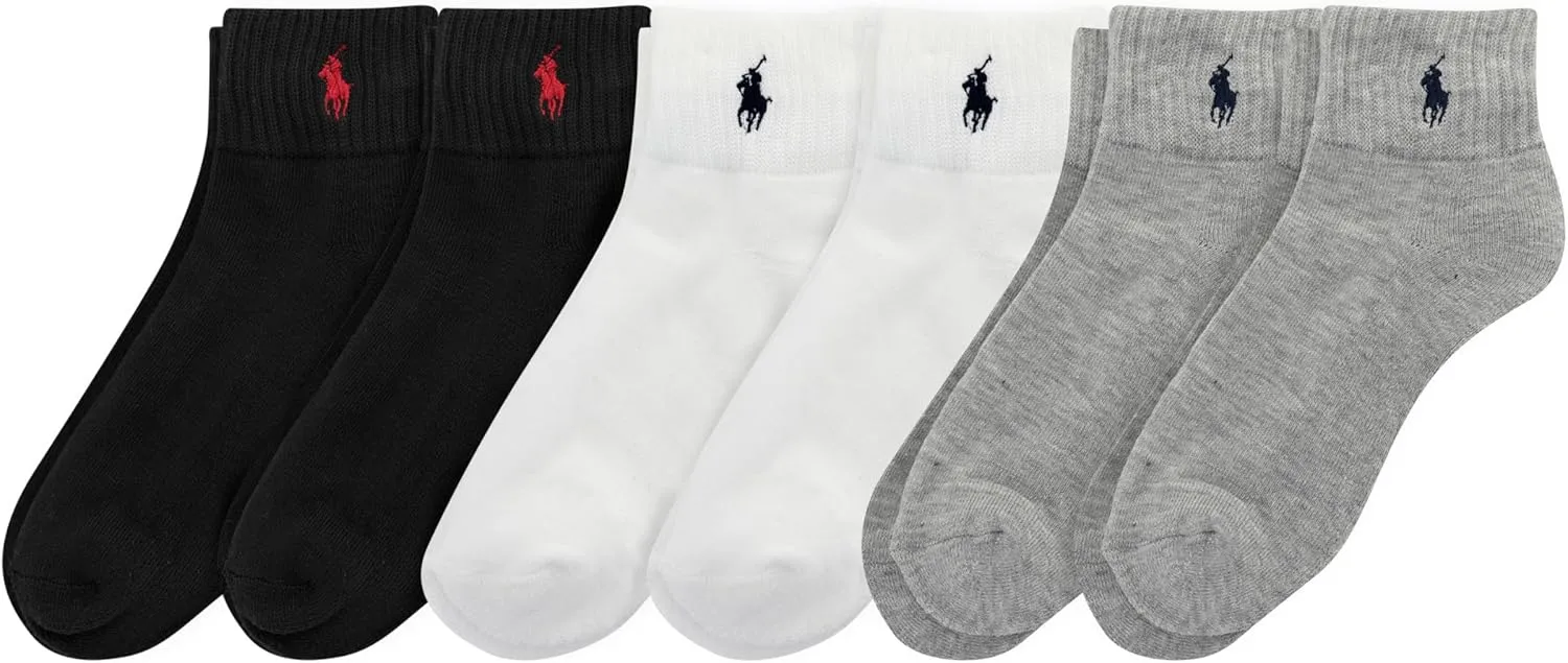 Polo Ralph Lauren Boys' Classic Sport Ankle Socks-6 Pair Pack-Soft Stretchy Yarn & Stay Up Top