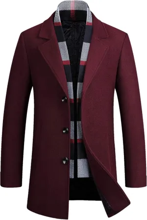 PRIJOUHE Men's Wool Coat Winter Coat Slim Medium Long Coats Overcoat Male