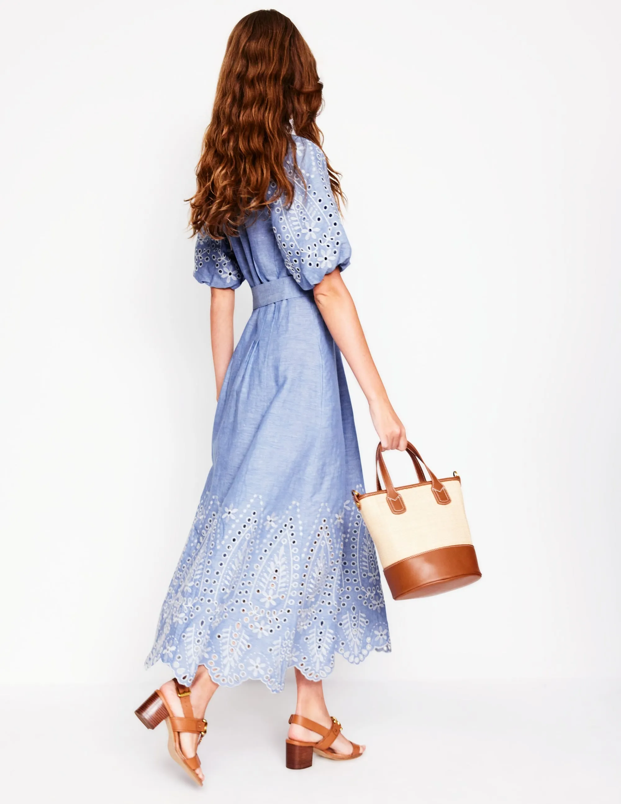 Puff Sleeve Embroidered Dress-Grey Blue Chambray