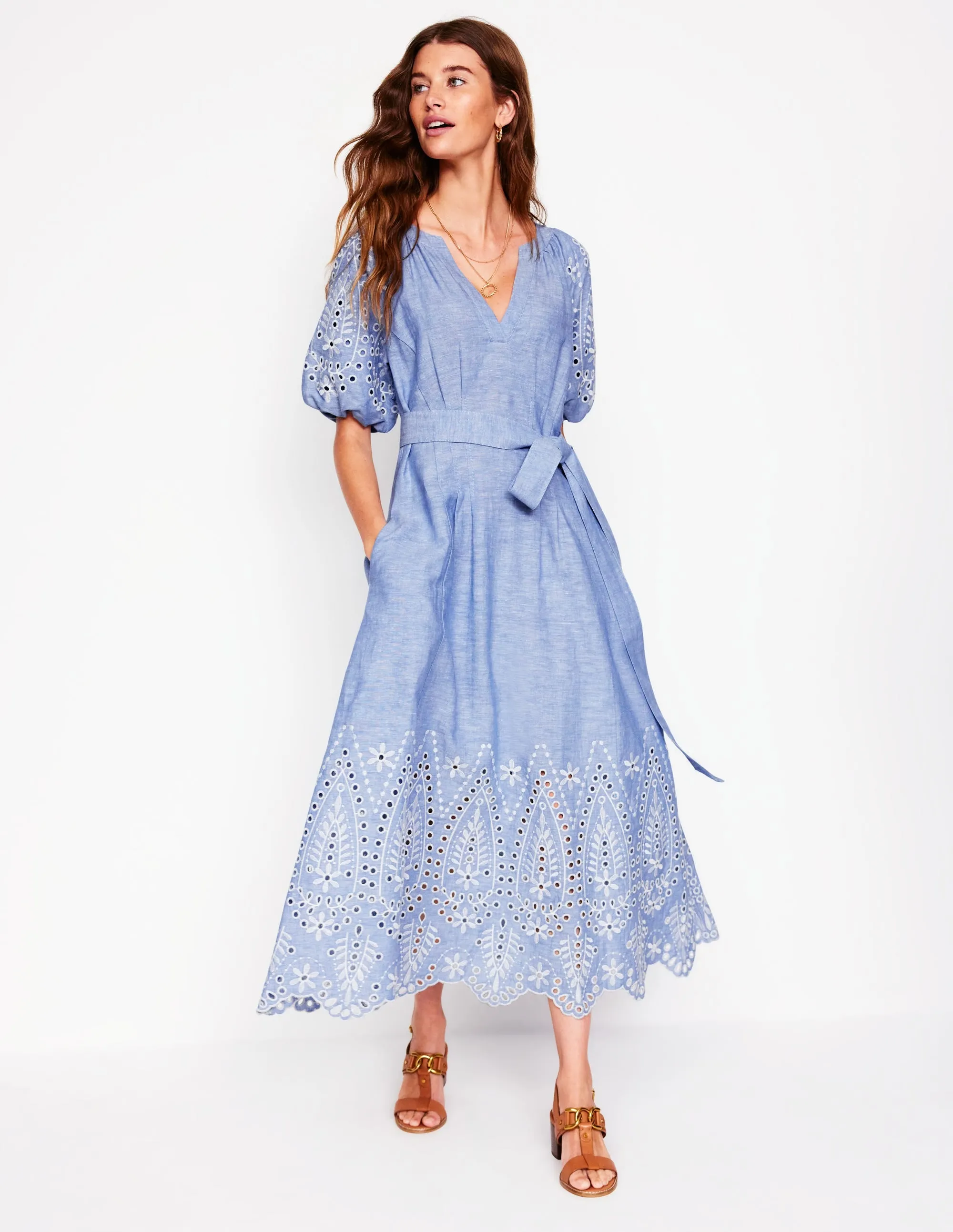 Puff Sleeve Embroidered Dress-Grey Blue Chambray