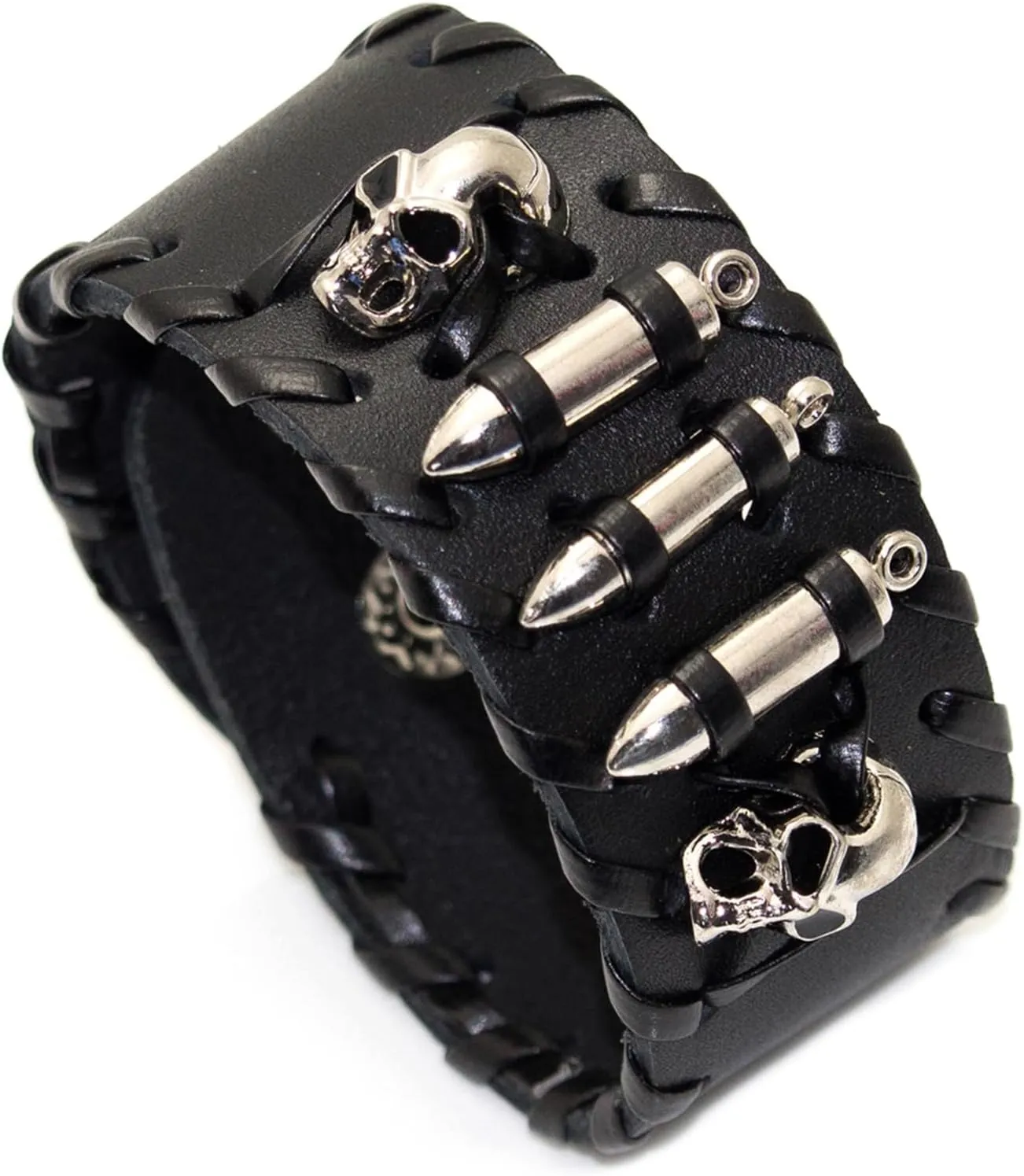 Punk Rock Alloy Skull Head Braided Leather Wristband Adjustable Snap Cuff Bracelet