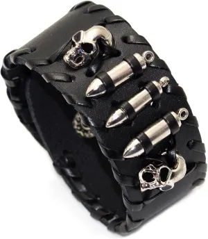 Punk Rock Alloy Skull Head Braided Leather Wristband Adjustable Snap Cuff Bracelet