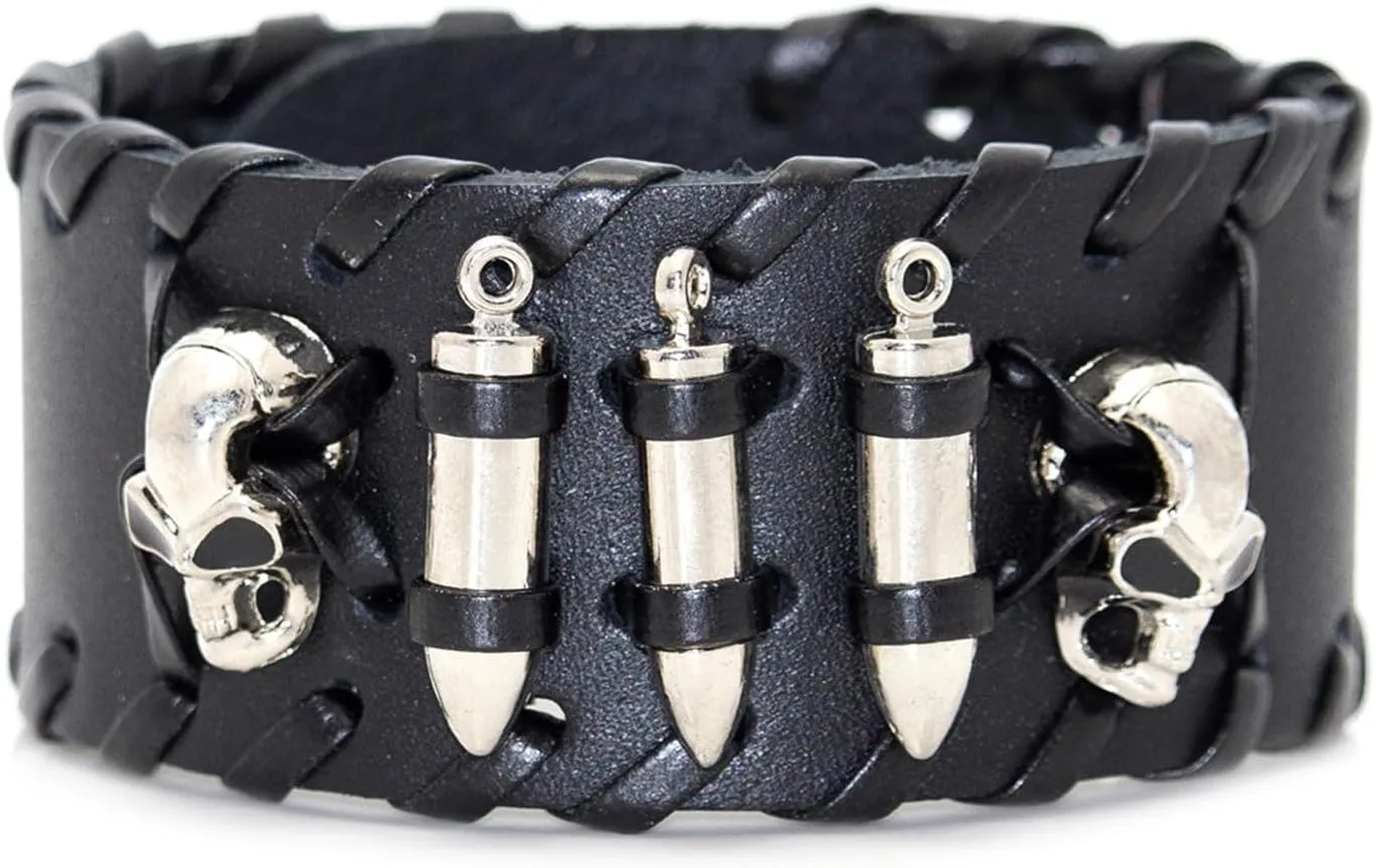 Punk Rock Alloy Skull Head Braided Leather Wristband Adjustable Snap Cuff Bracelet
