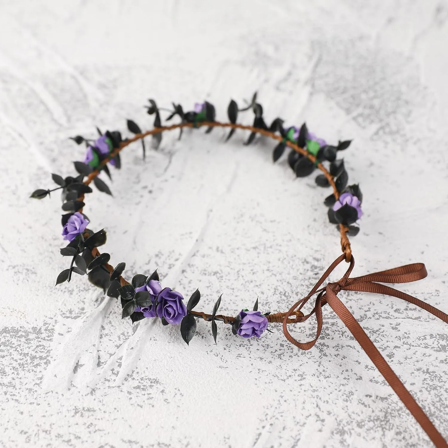 Purple Flower Crowns Headband - Dark Black Floral Headpiece Renaissance Hair Accessories for Women Girls Renfaire Goth Costume Cosplay