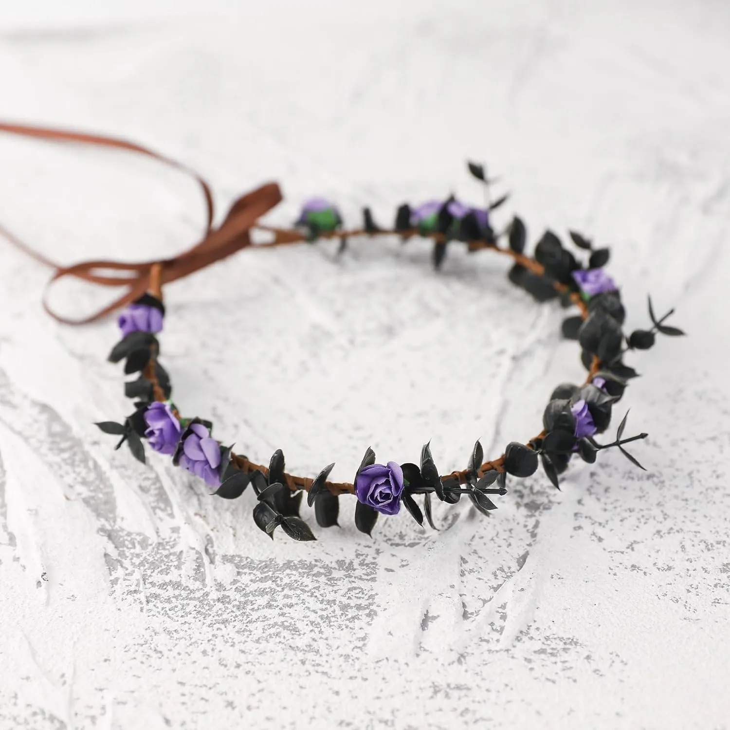 Purple Flower Crowns Headband - Dark Black Floral Headpiece Renaissance Hair Accessories for Women Girls Renfaire Goth Costume Cosplay
