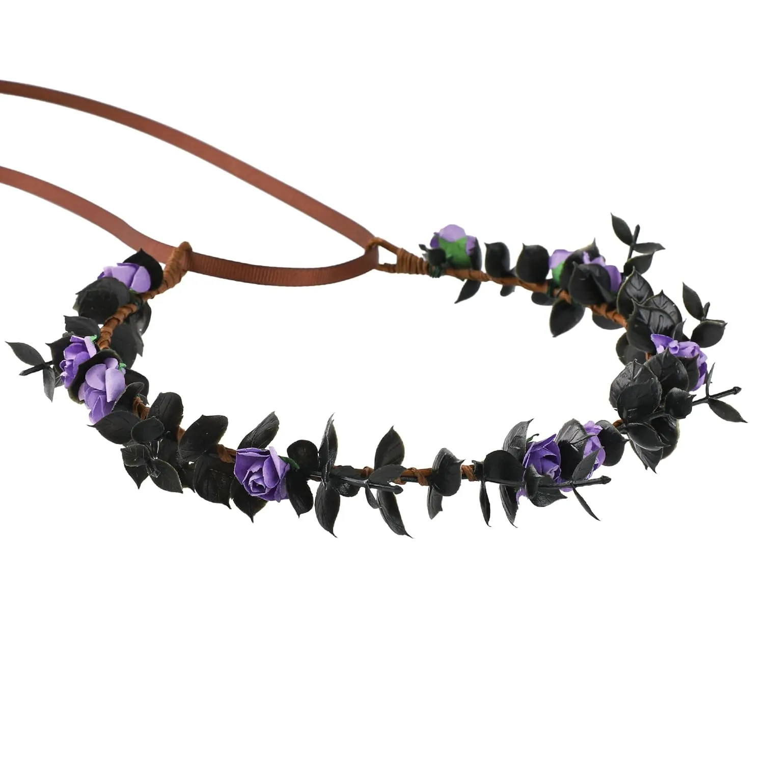 Purple Flower Crowns Headband - Dark Black Floral Headpiece Renaissance Hair Accessories for Women Girls Renfaire Goth Costume Cosplay
