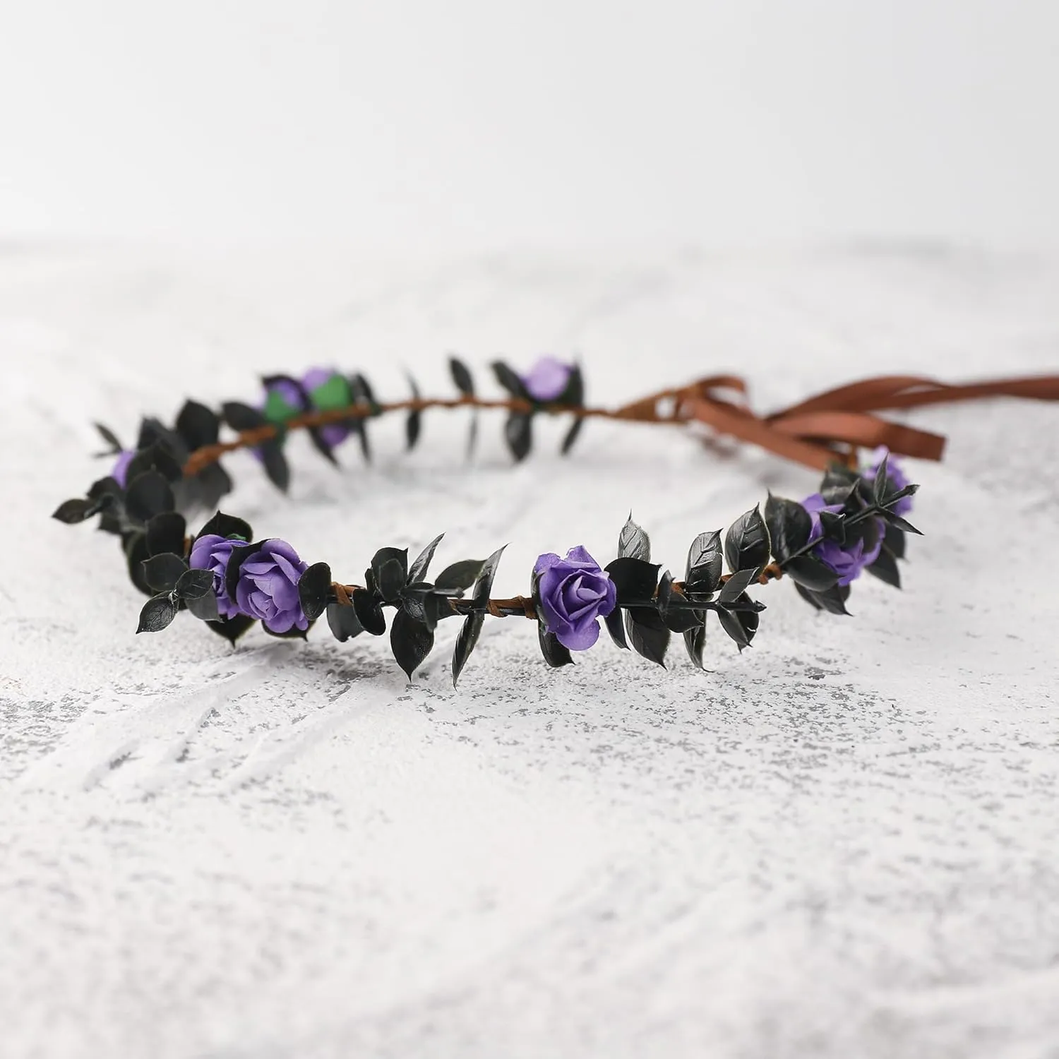 Purple Flower Crowns Headband - Dark Black Floral Headpiece Renaissance Hair Accessories for Women Girls Renfaire Goth Costume Cosplay