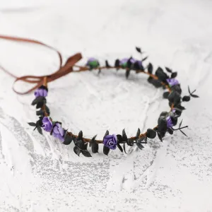 Purple Flower Crowns Headband - Dark Black Floral Headpiece Renaissance Hair Accessories for Women Girls Renfaire Goth Costume Cosplay