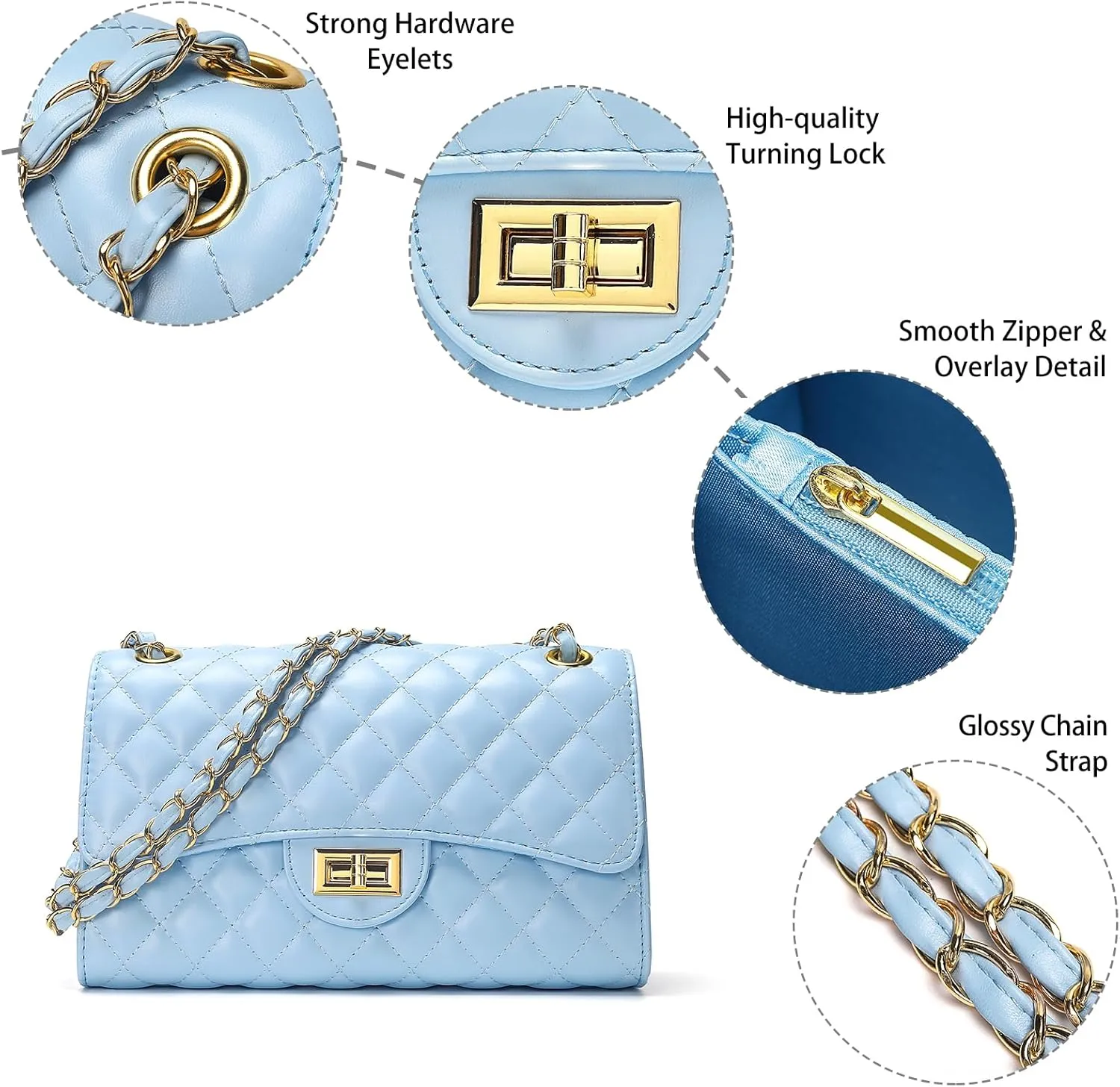 Quilted Leather Crossbody Bags for Women Trendy Ladies Shoulder Purse Satchel HandBag with Chain Strap