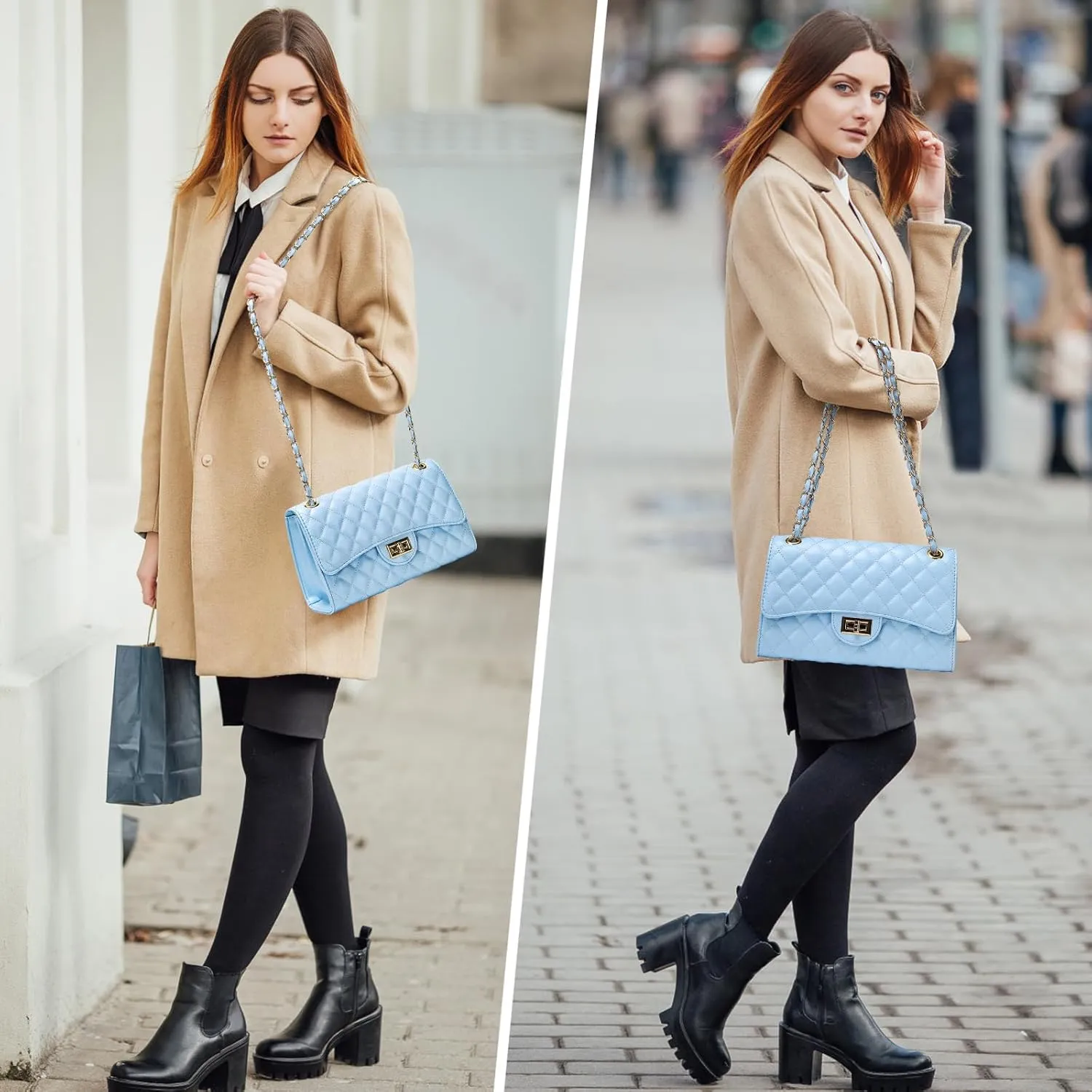 Quilted Leather Crossbody Bags for Women Trendy Ladies Shoulder Purse Satchel HandBag with Chain Strap