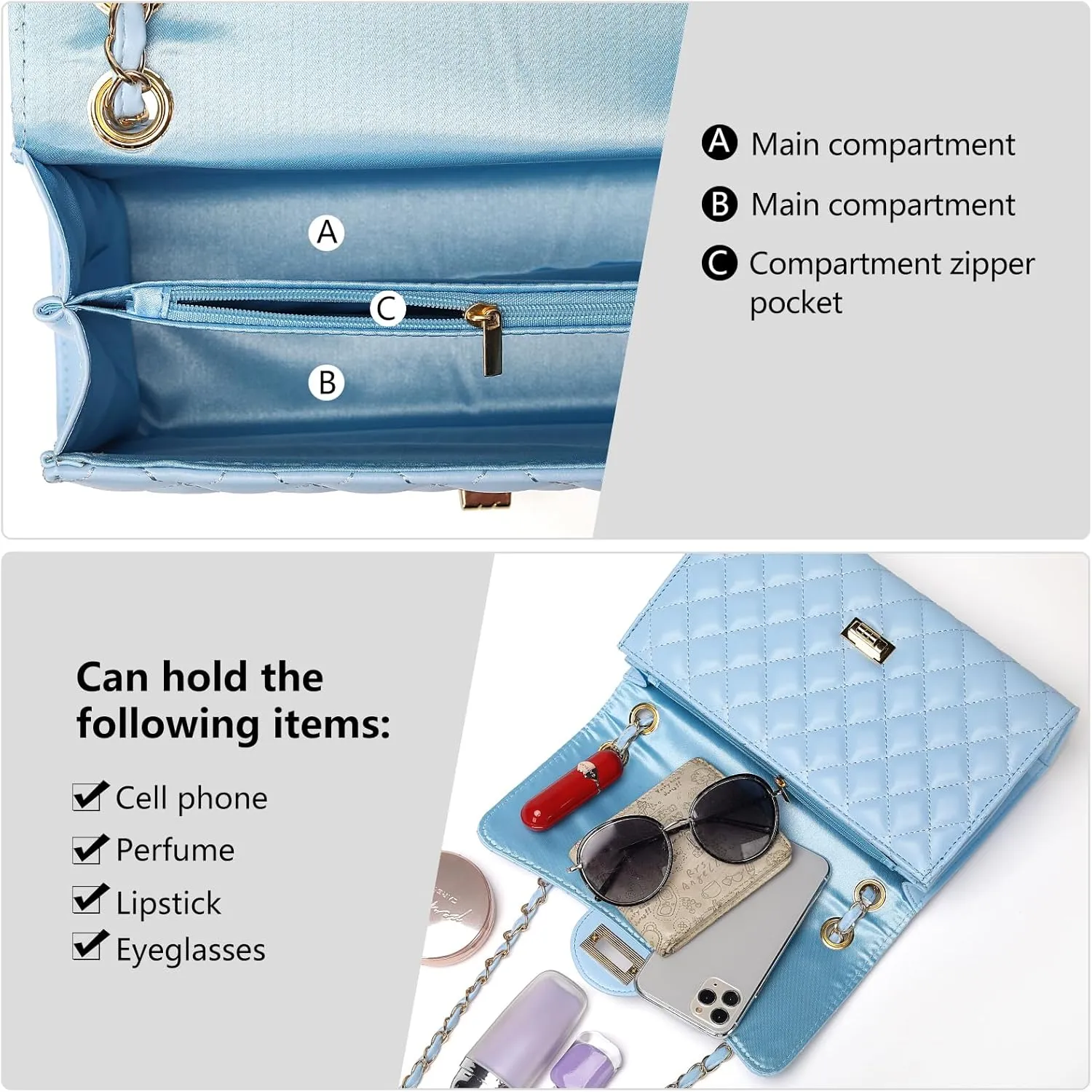 Quilted Leather Crossbody Bags for Women Trendy Ladies Shoulder Purse Satchel HandBag with Chain Strap