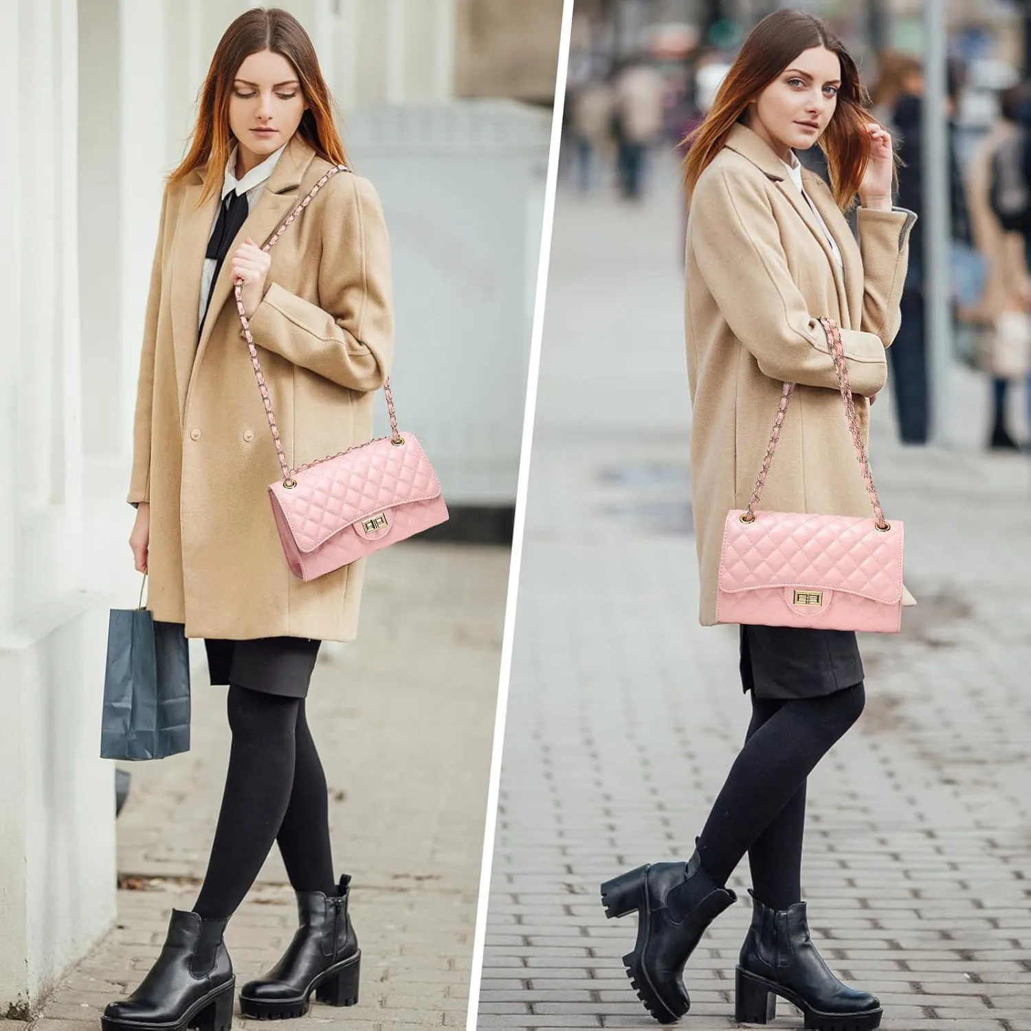 Quilted Leather Crossbody Bags for Women Trendy Ladies Shoulder Purse Satchel HandBag with Chain Strap