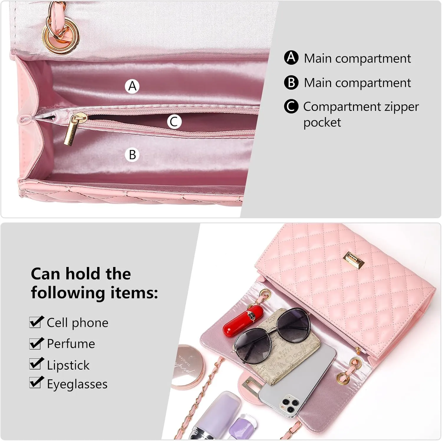Quilted Leather Crossbody Bags for Women Trendy Ladies Shoulder Purse Satchel HandBag with Chain Strap