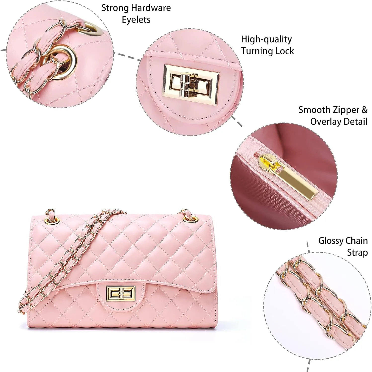 Quilted Leather Crossbody Bags for Women Trendy Ladies Shoulder Purse Satchel HandBag with Chain Strap