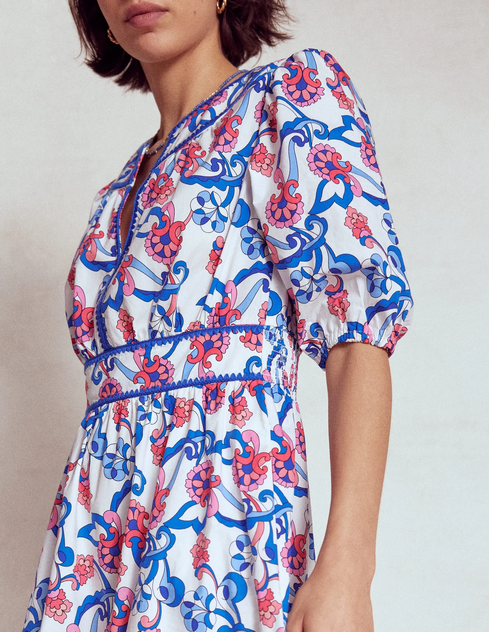 Rhea Embroidered Midi Dress-Ivory, Foliage Trail