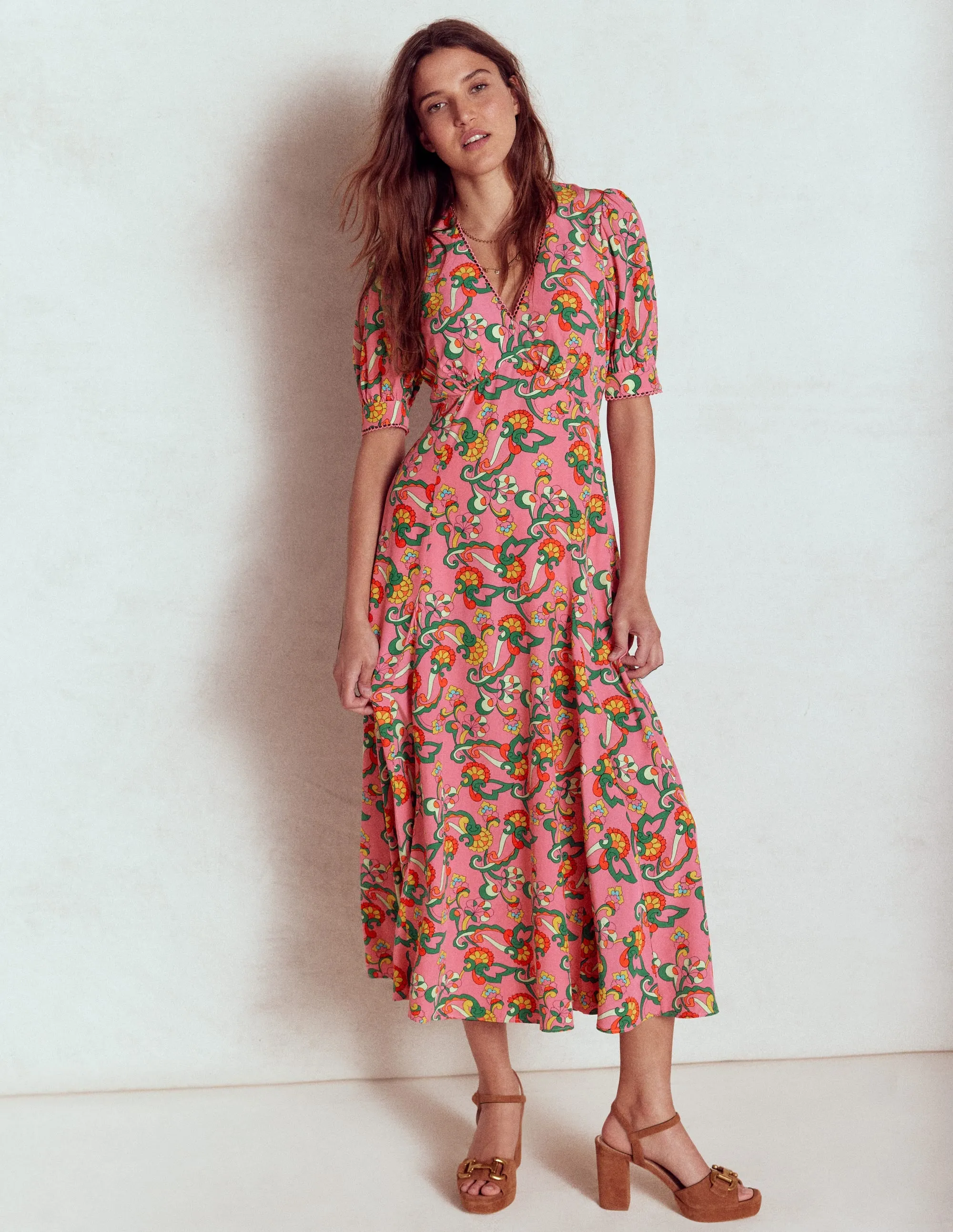 Rosie Godet Tea Dress-Pink Rose, Foliage Trail