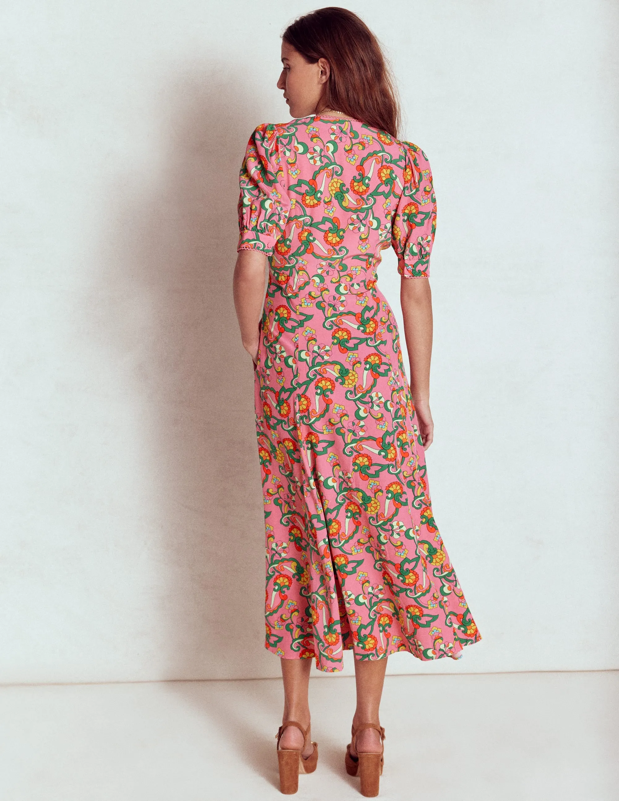 Rosie Godet Tea Dress-Pink Rose, Foliage Trail