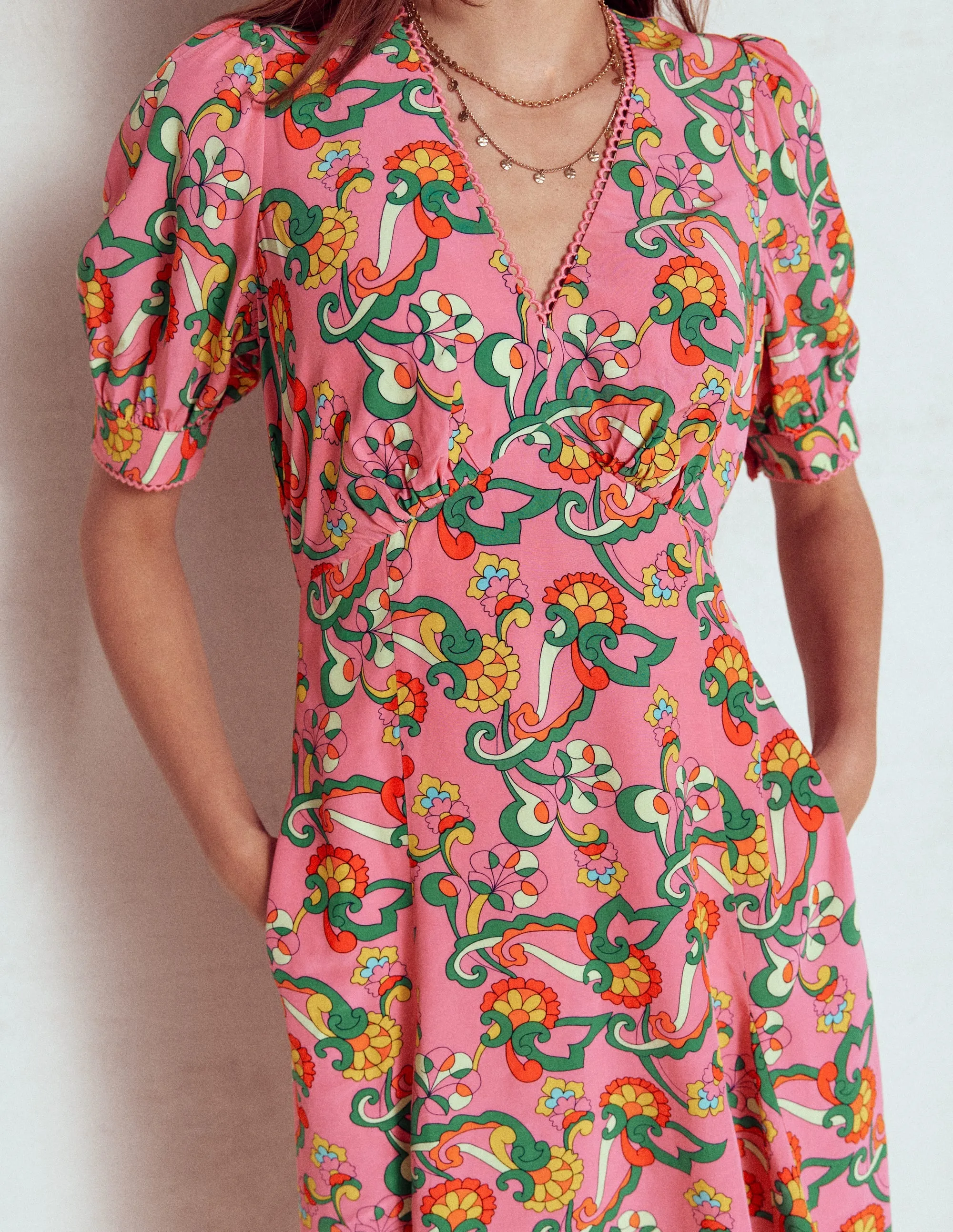 Rosie Godet Tea Dress-Pink Rose, Foliage Trail