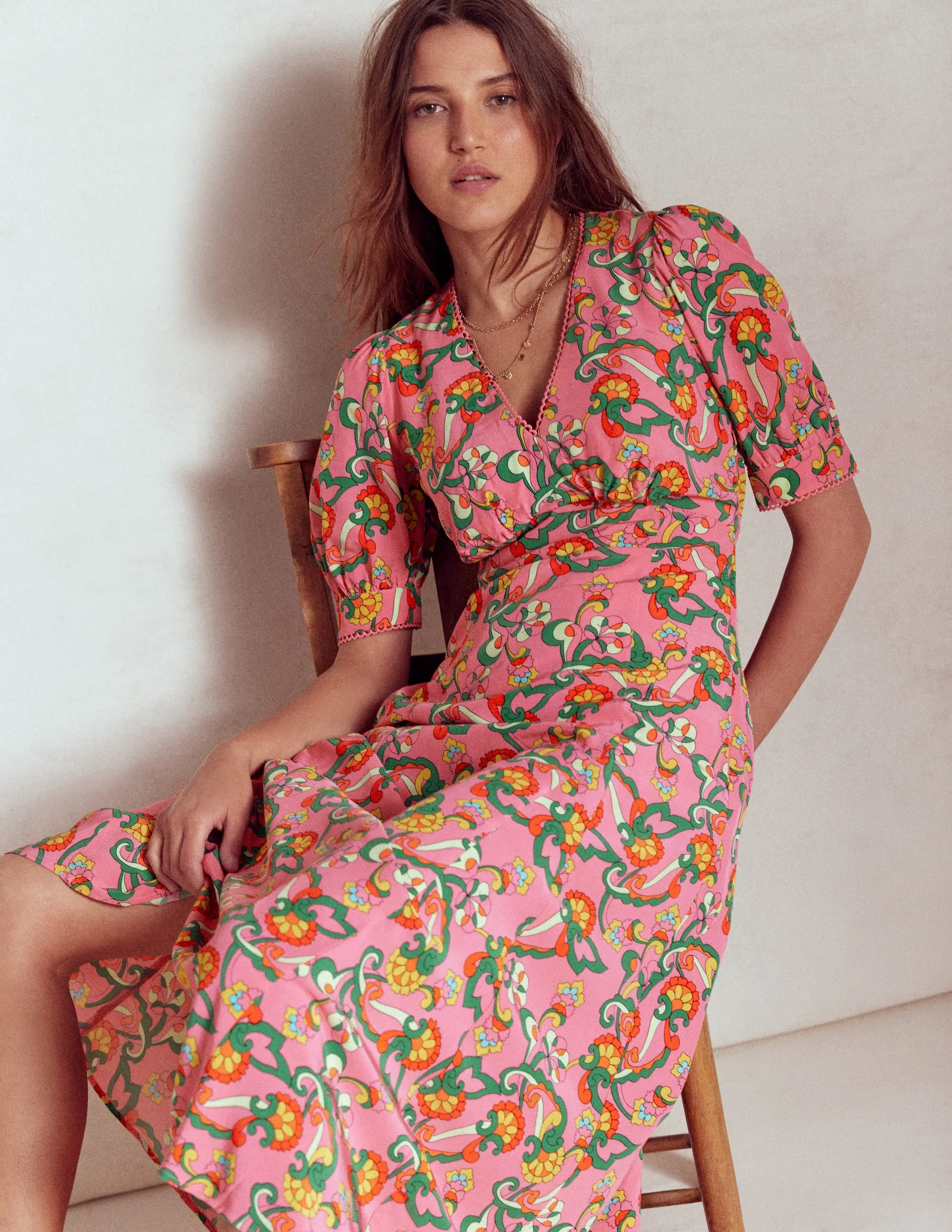 Rosie Godet Tea Dress-Pink Rose, Foliage Trail