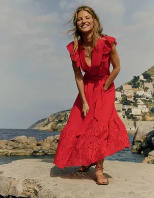 Ruffle Detail Tier Midi Dress-Poppy Red