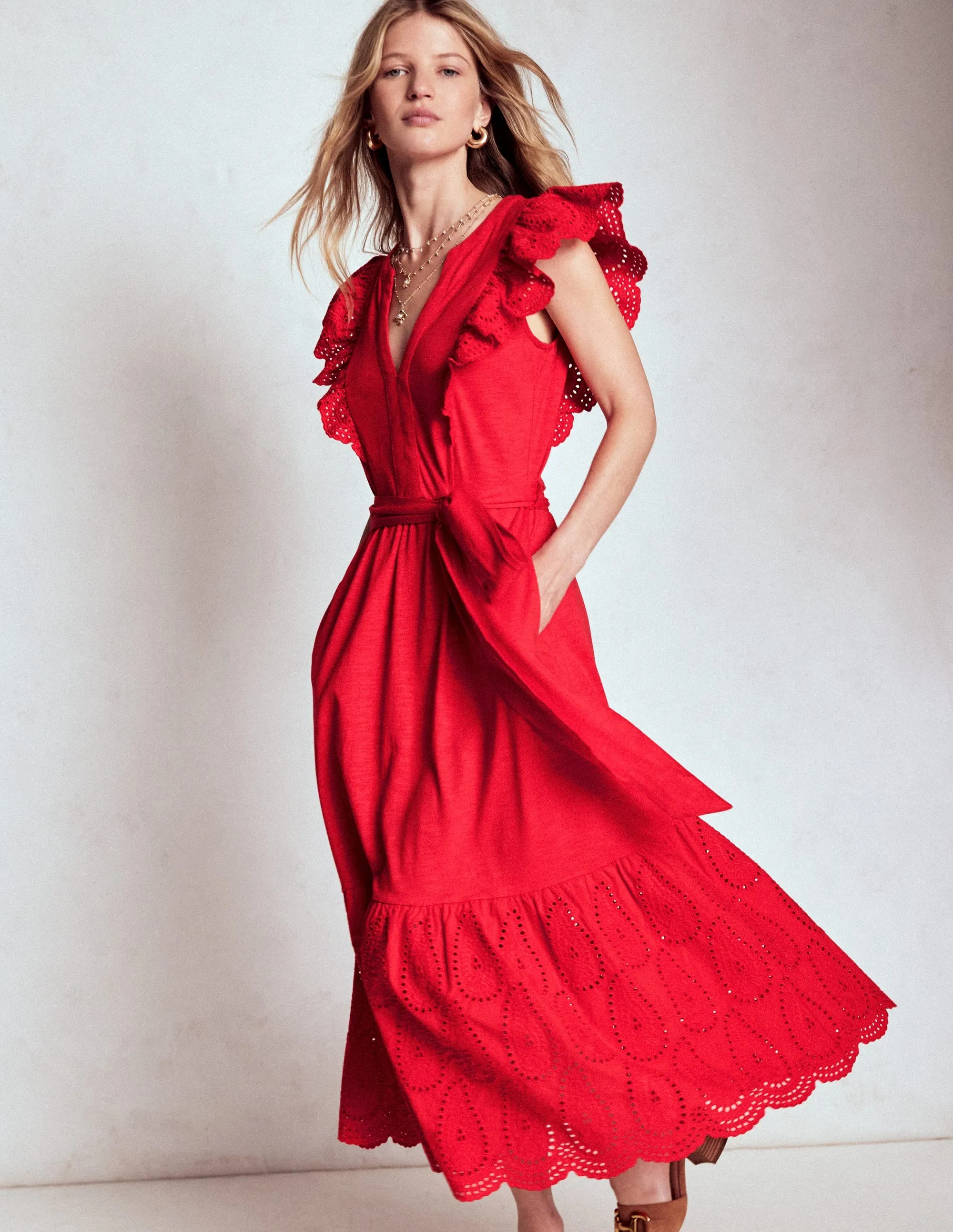 Ruffle Detail Tier Midi Dress-Poppy Red