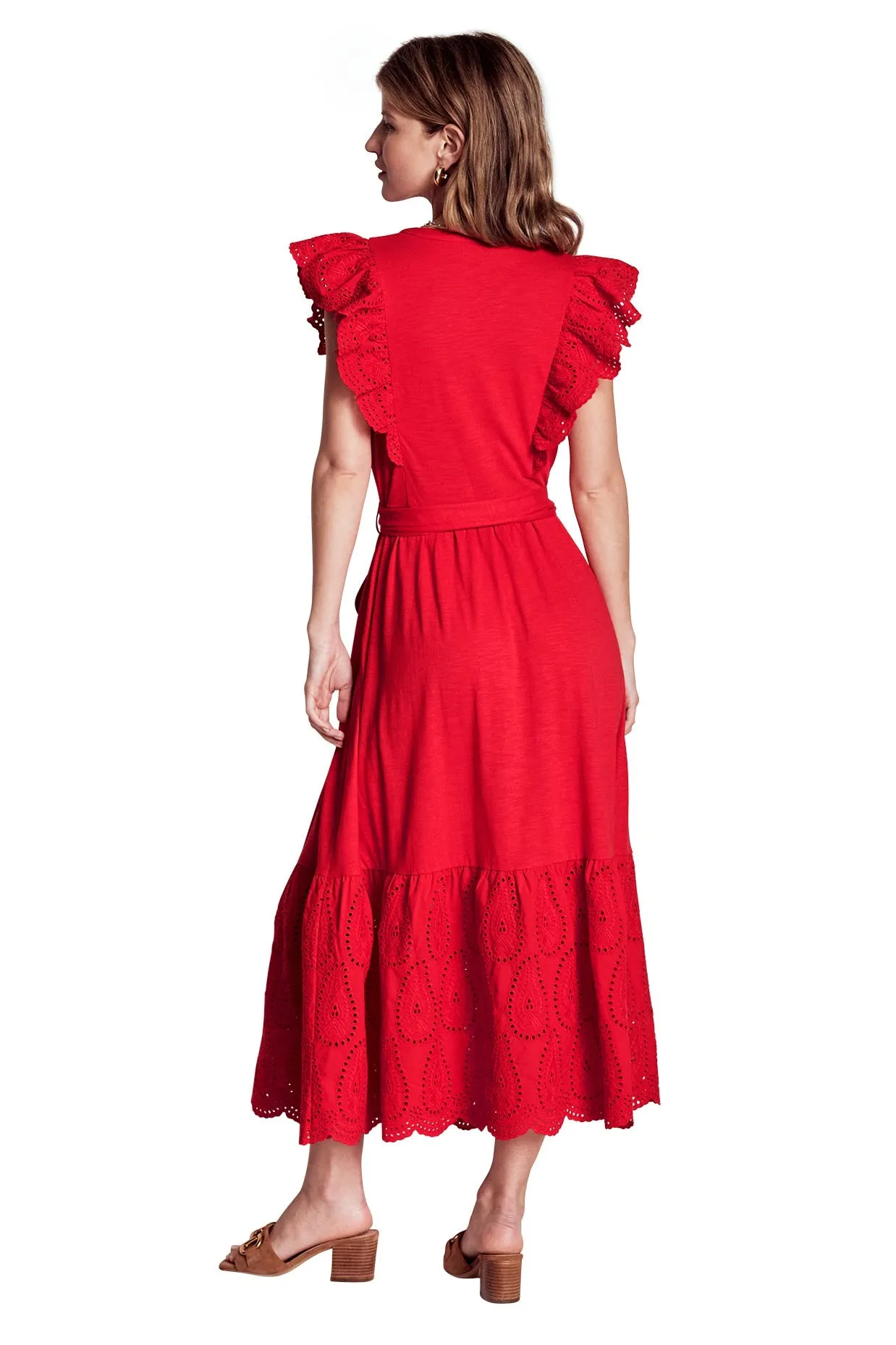 Ruffle Detail Tier Midi Dress-Poppy Red